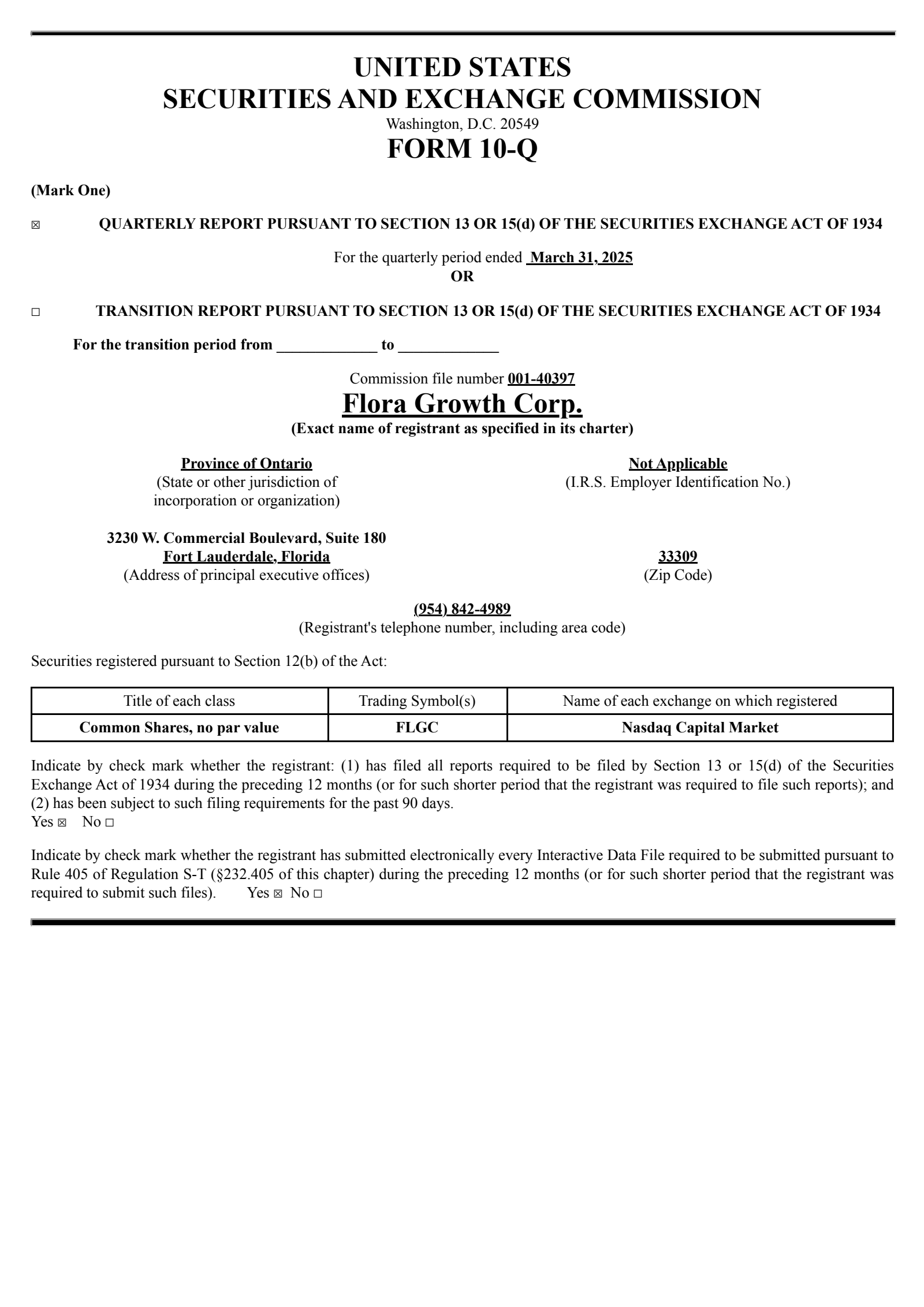 Flora Growth's Q1 2025 Quarterly report