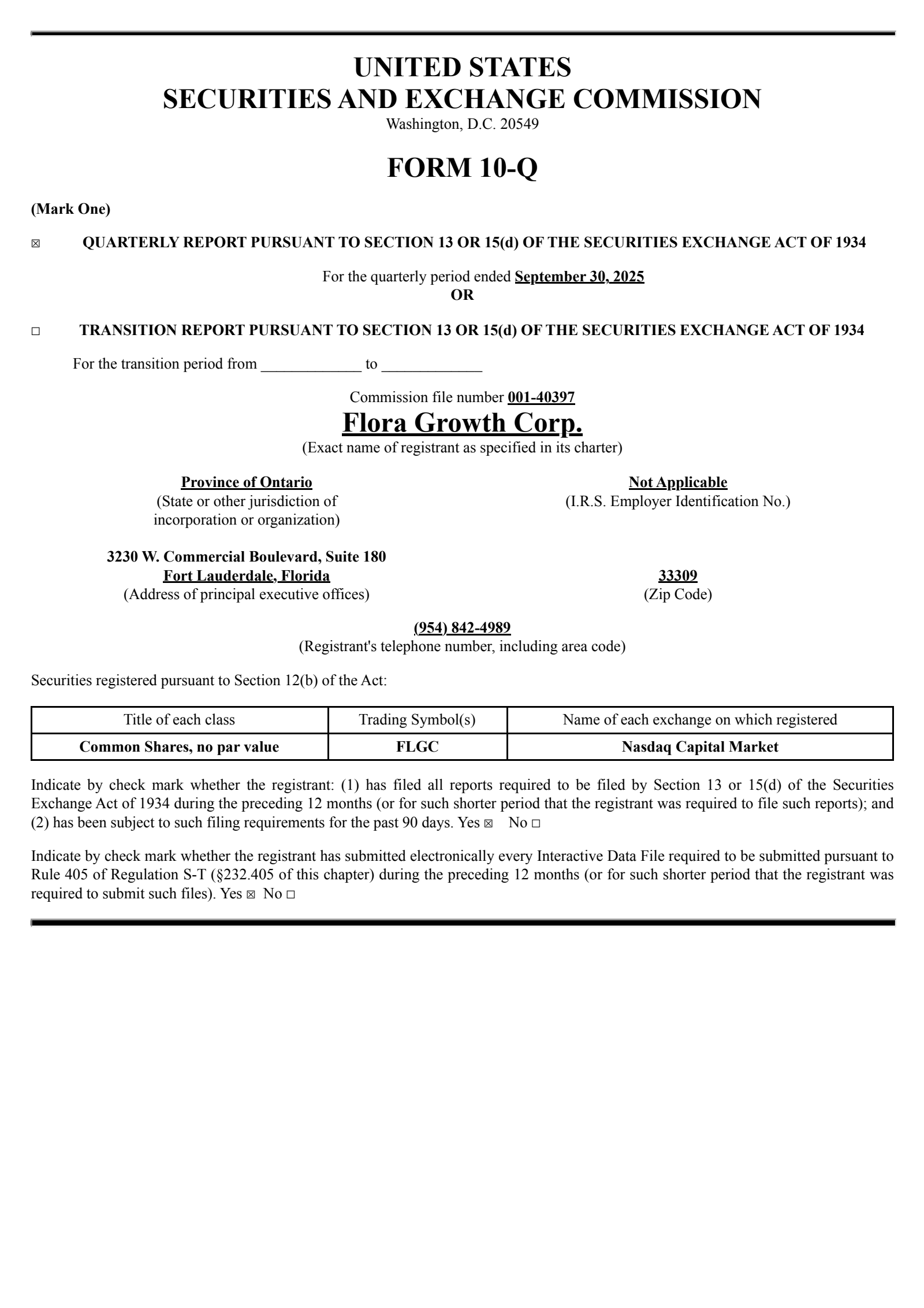 Flora Growth's Q3 2025 Quarterly Report
