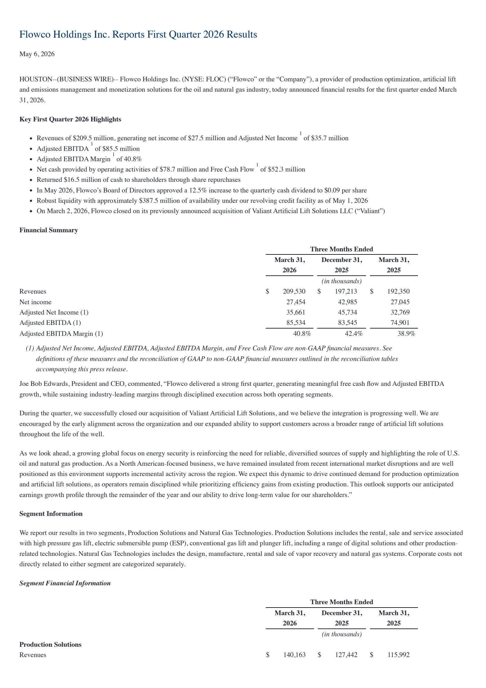 Flowco's Q1 2026 Press Release
