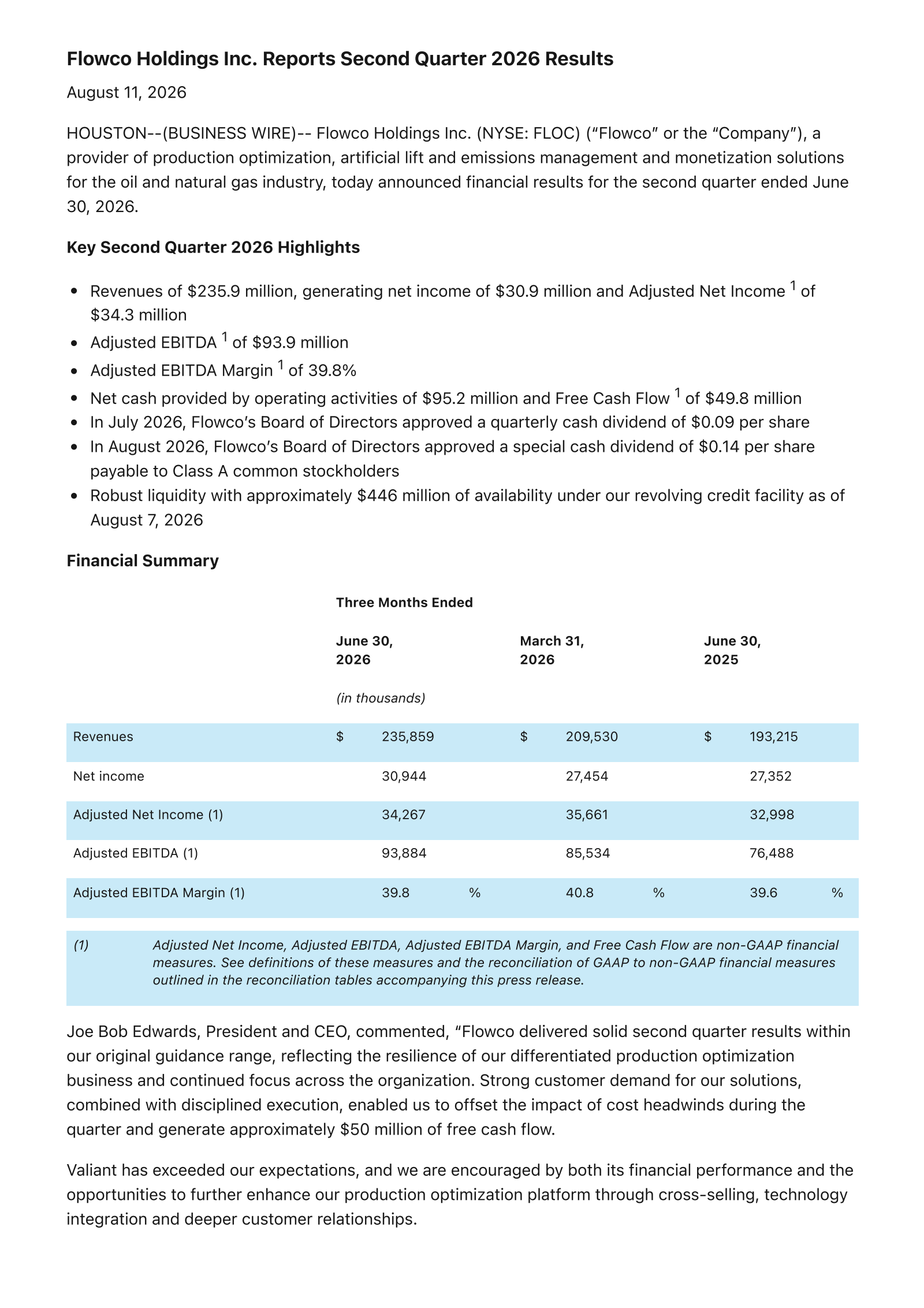 Flowco's Q2 2026 Press Release