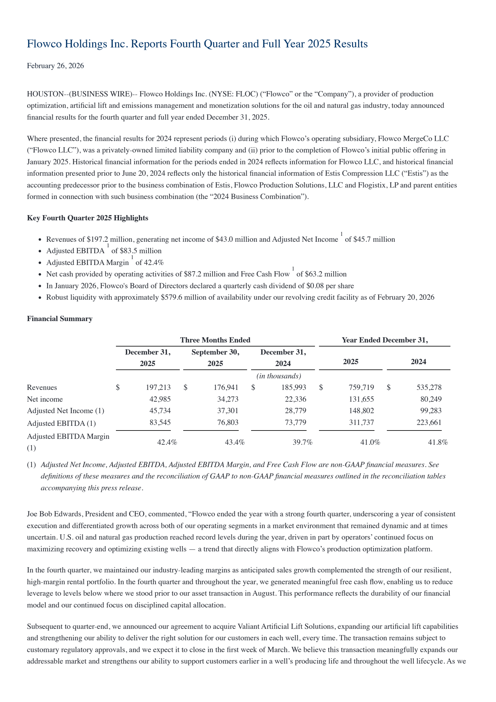 Flowco's Q4 2025 Press Release
