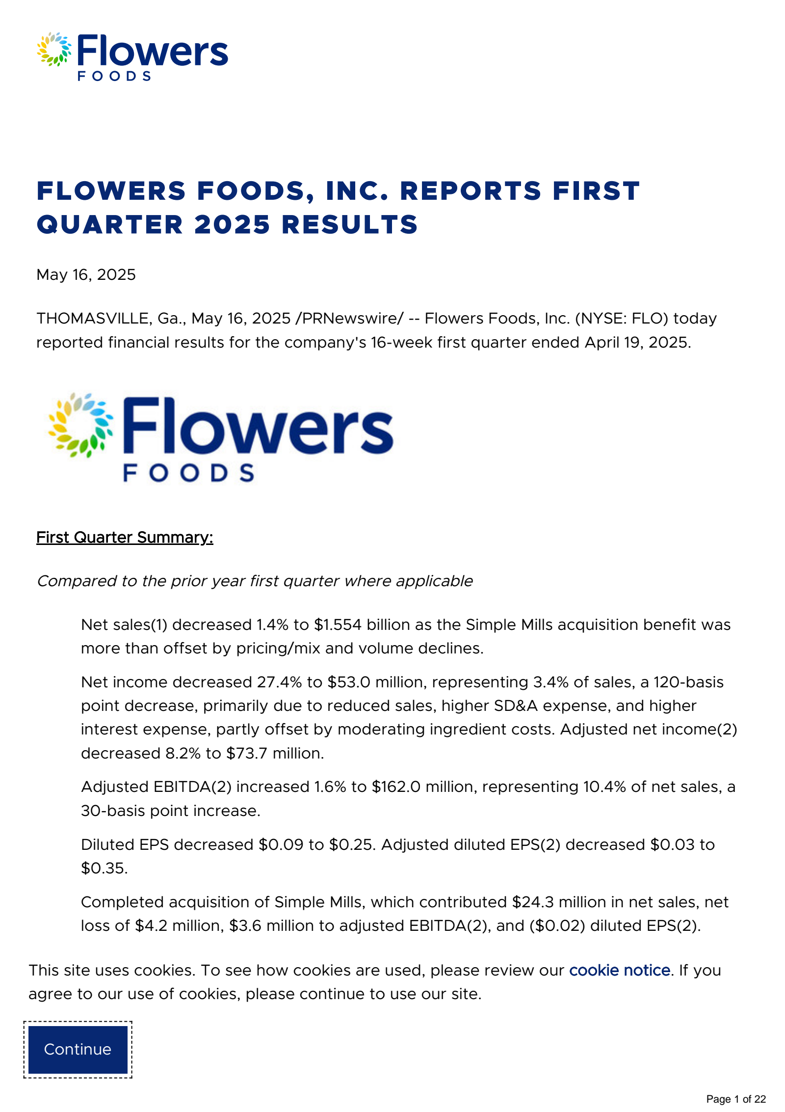 Flowers Foods' Q1 2025 Prepared Remarks Press Release
