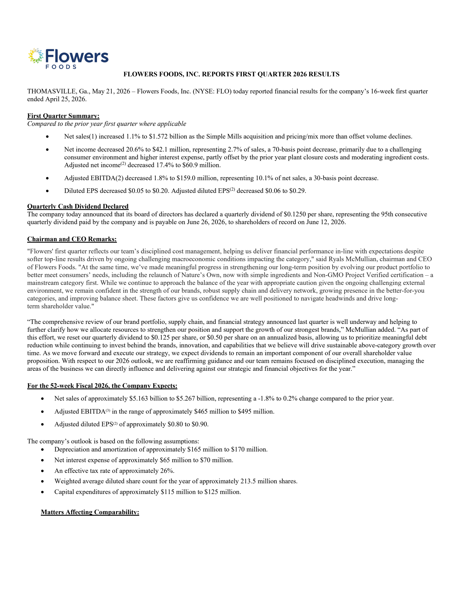 Flowers Foods' Q1 2026 Prepared Remarks Press Release