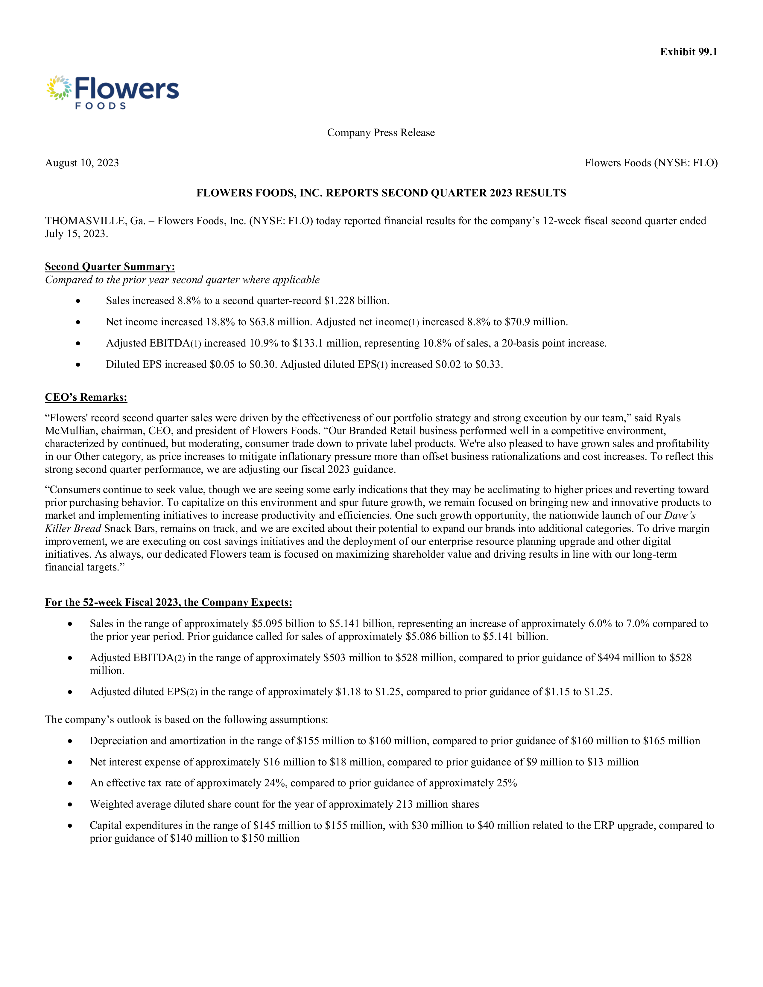 Flowers Foods' Q2 2023 Prepared Remarks Press Release