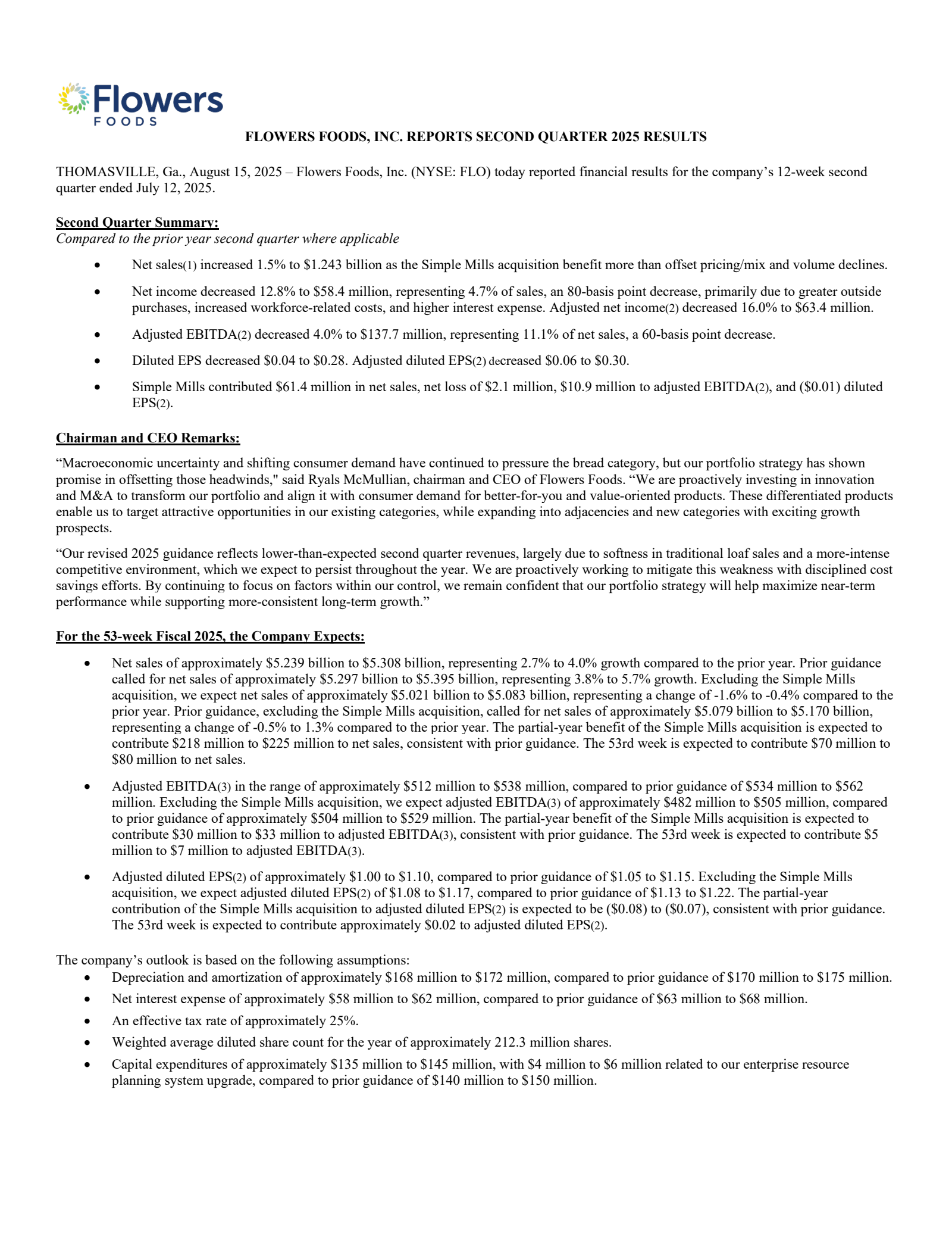 Flowers Foods' Q2 2025 Prepared Remarks Press Release