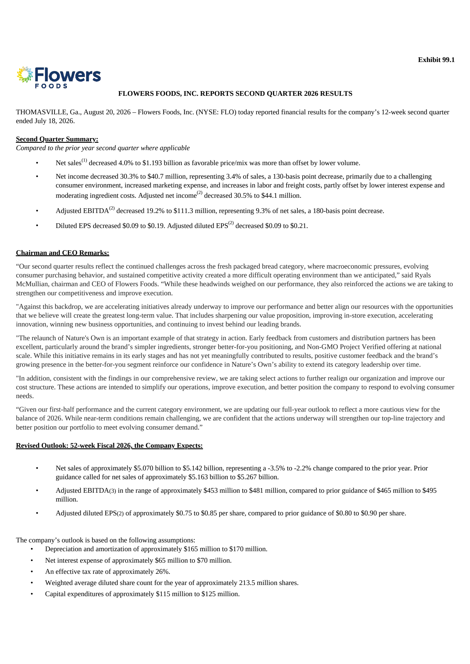 Flowers Foods' Q2 2026 Prepared Remarks Press Release