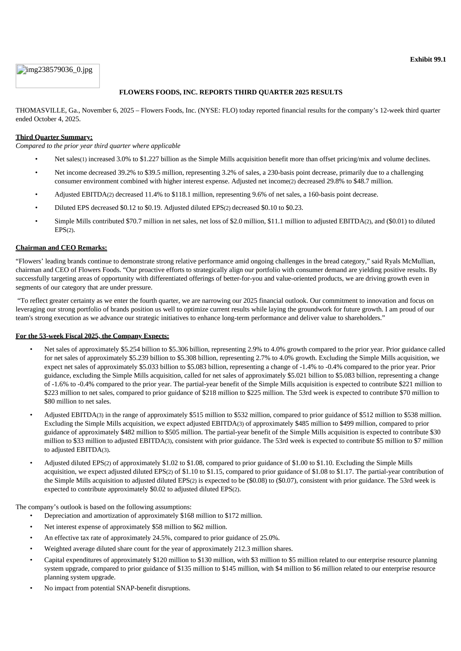 Flowers Foods' Q3 2025 Prepared Remarks Earnings Release