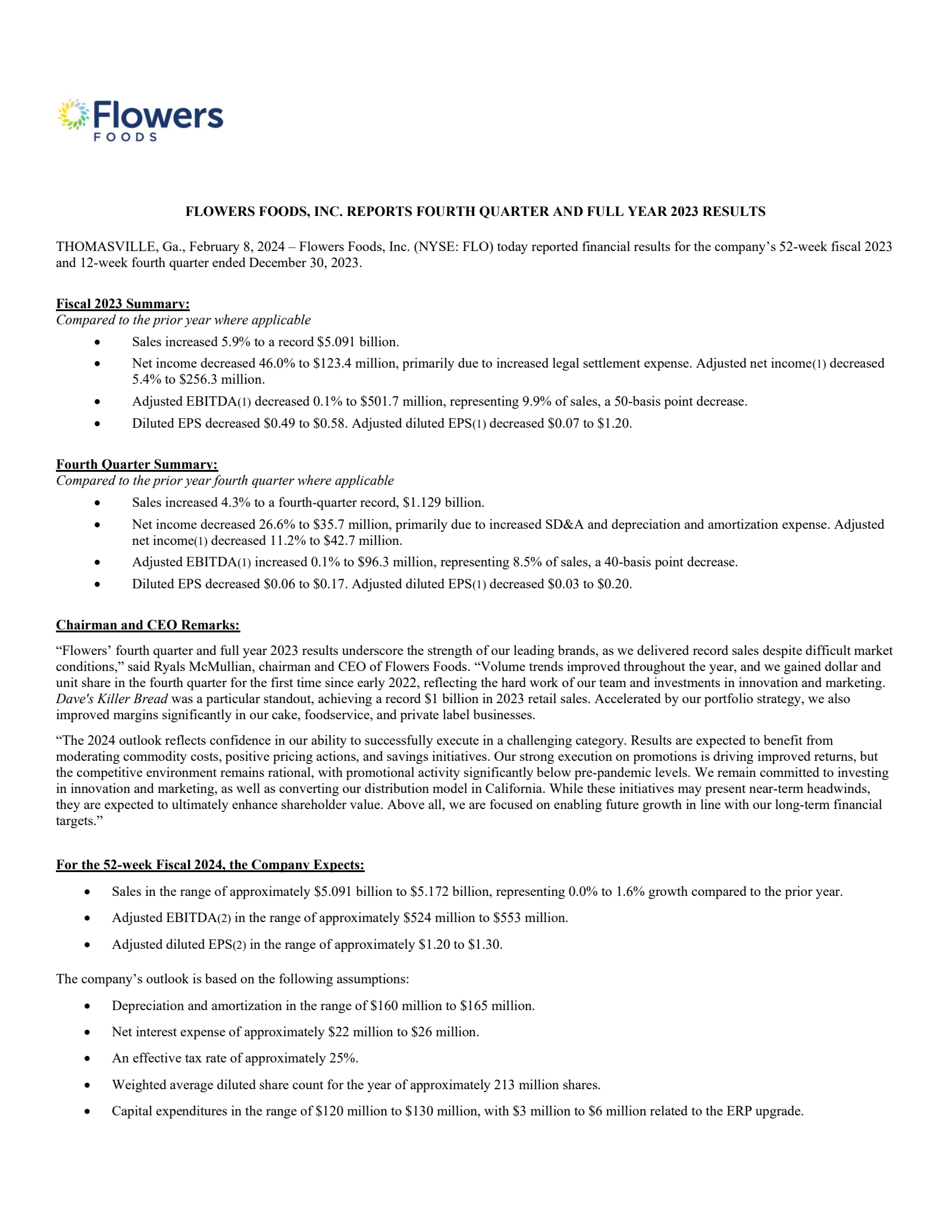 Flowers Foods' Q4 2023 Prepared Remarks Press Release