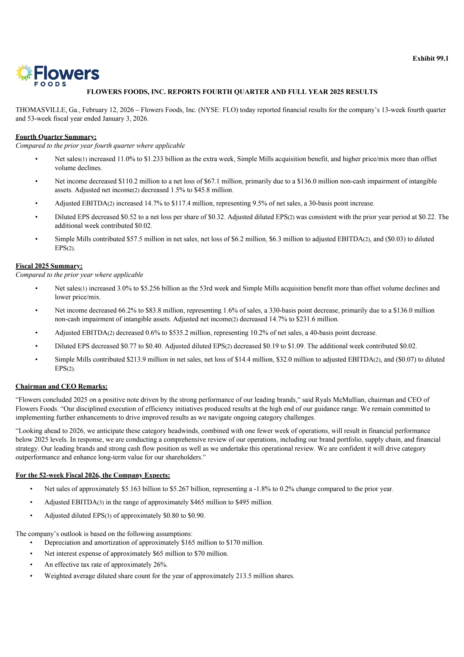 Flowers Foods' Q4 2025 Prepared Remarks Press Release