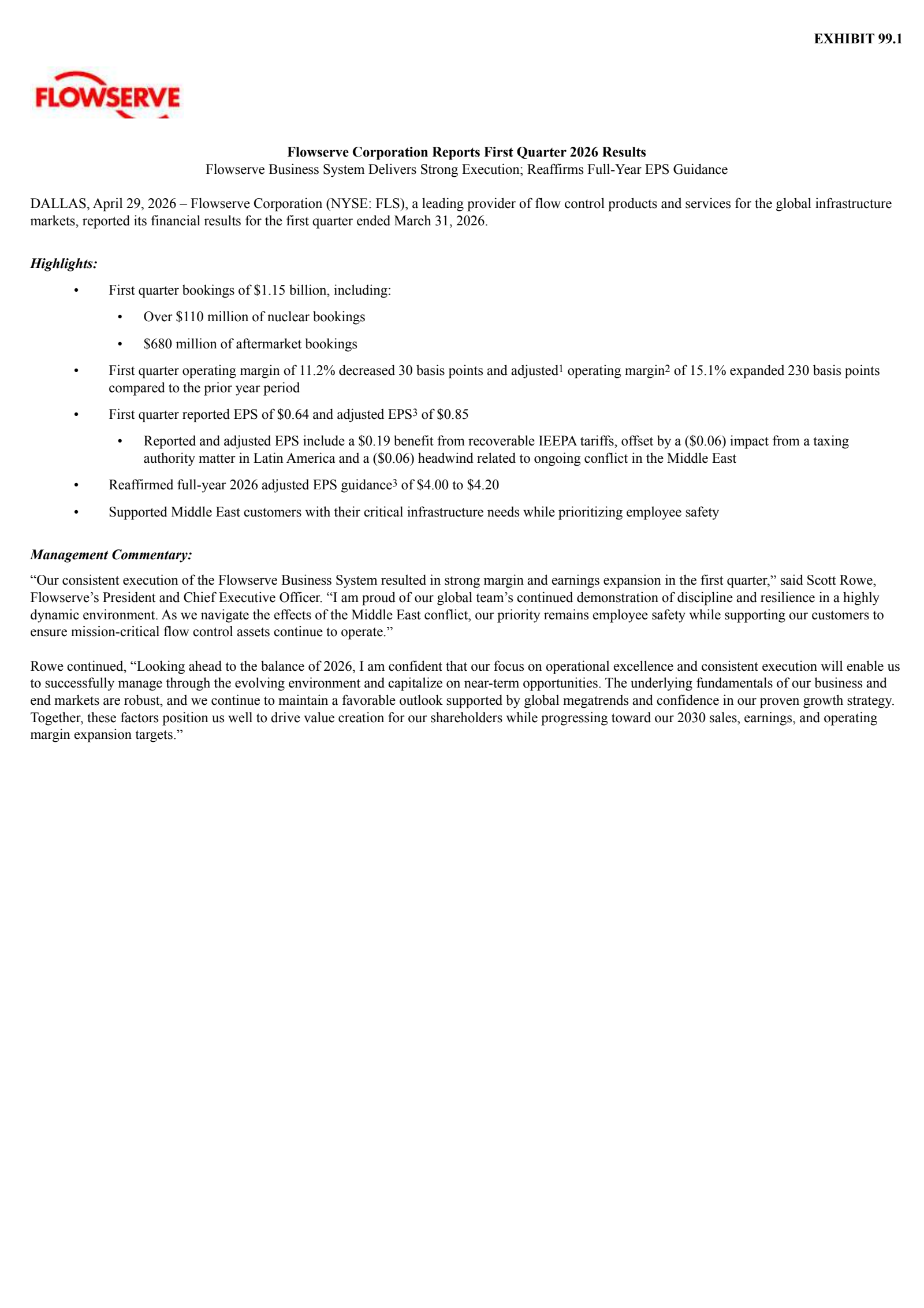Flowserve's Q1 2026 Press Release