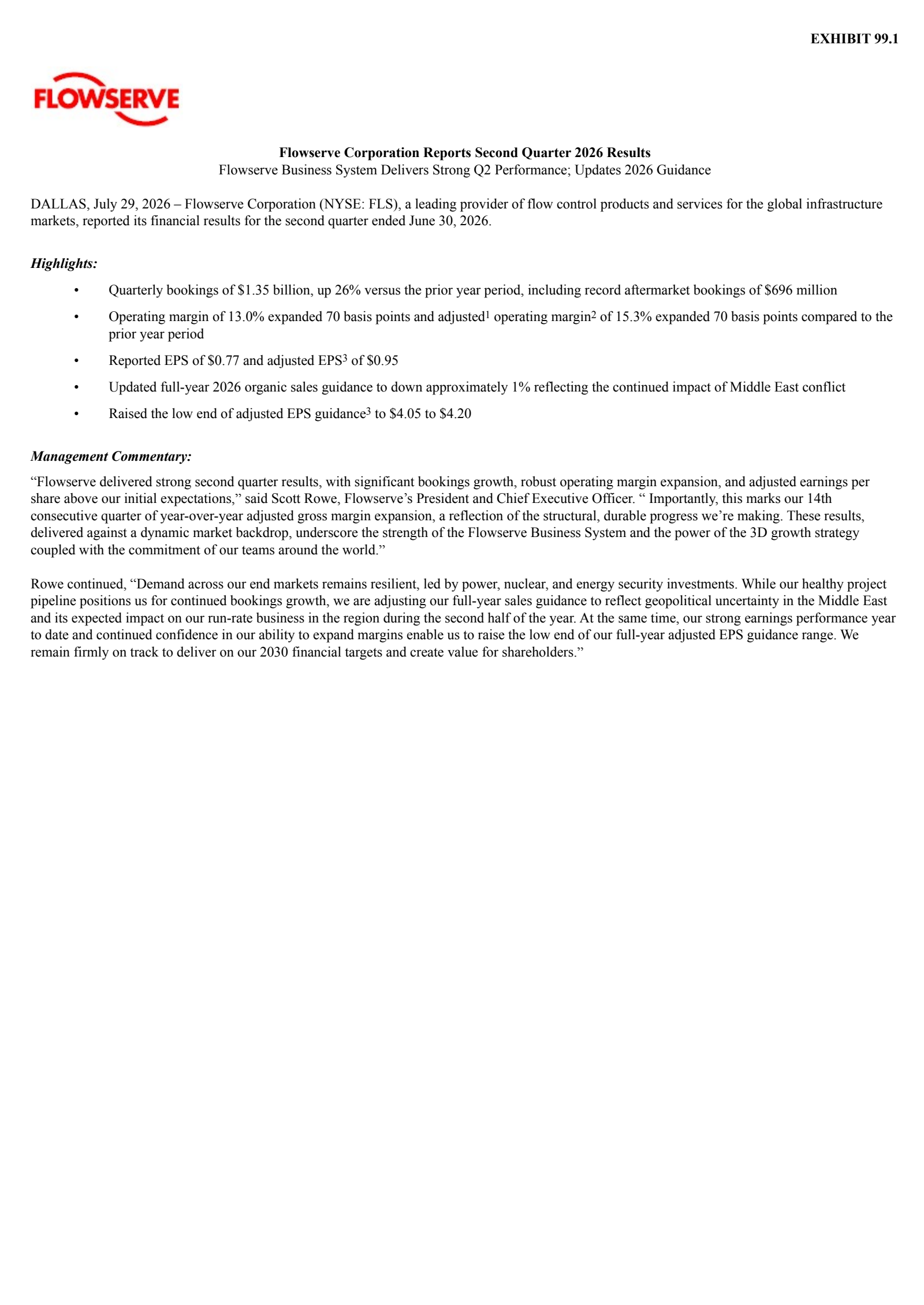 Flowserve's Q2 2026 Press Release