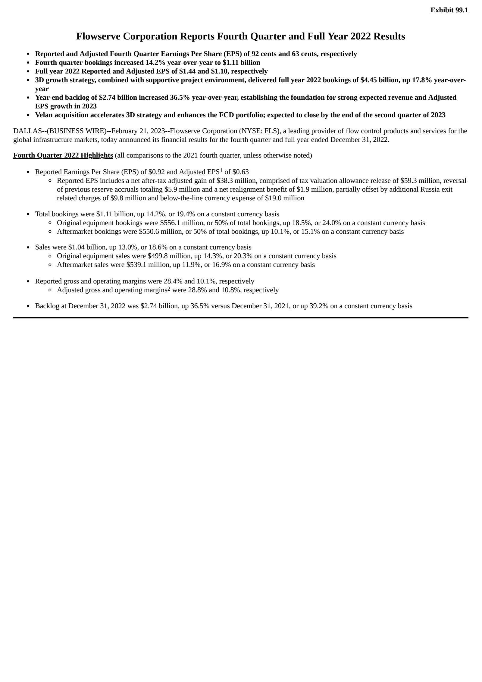 Flowserve's Q4 2022 Press Release