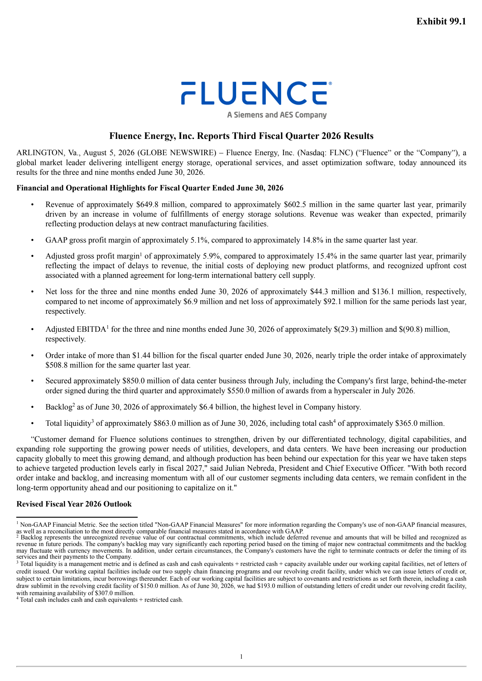 Fluence Energy's Q3 2026 Press Release