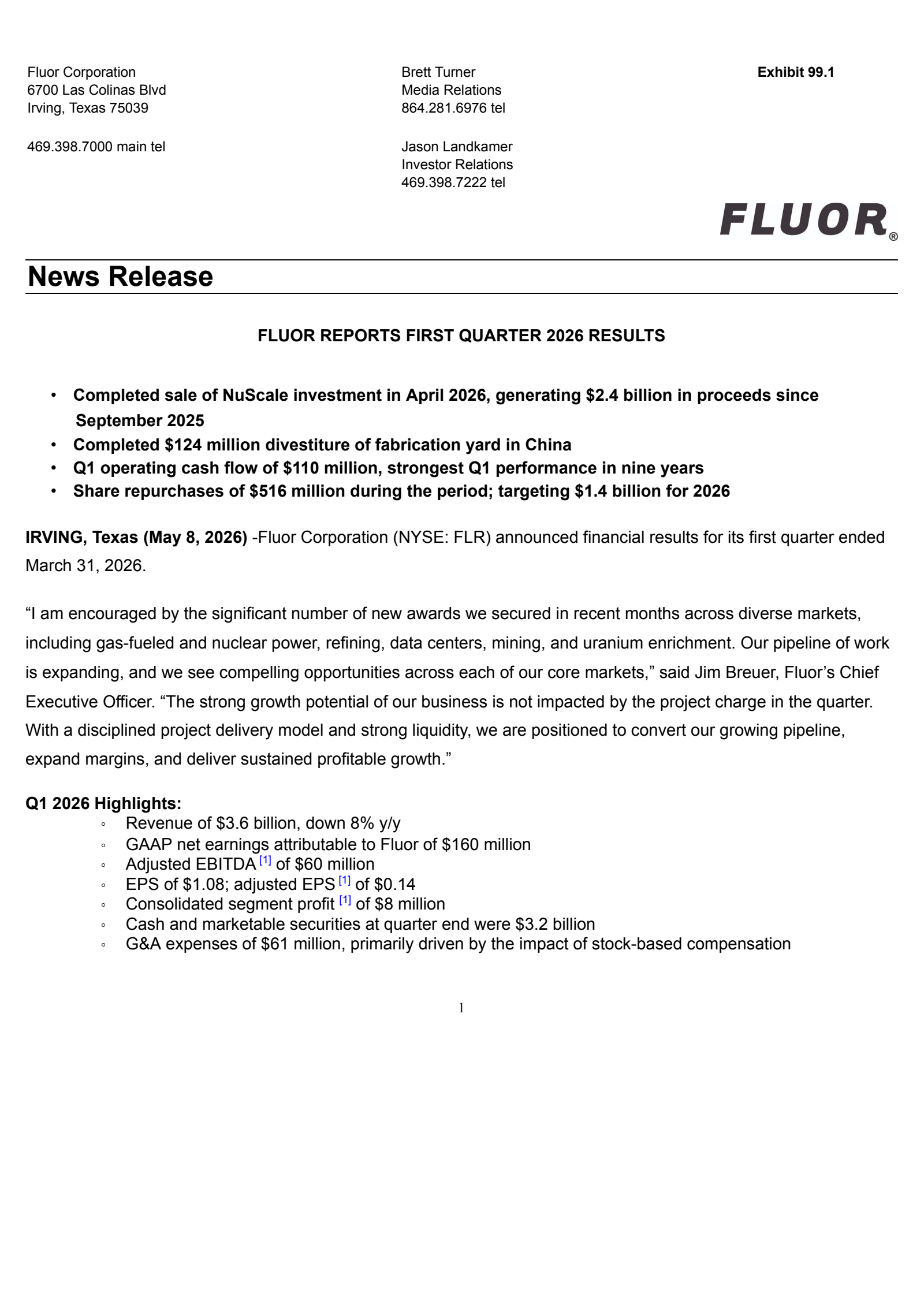 Fluor's Q1 2026 Press Release