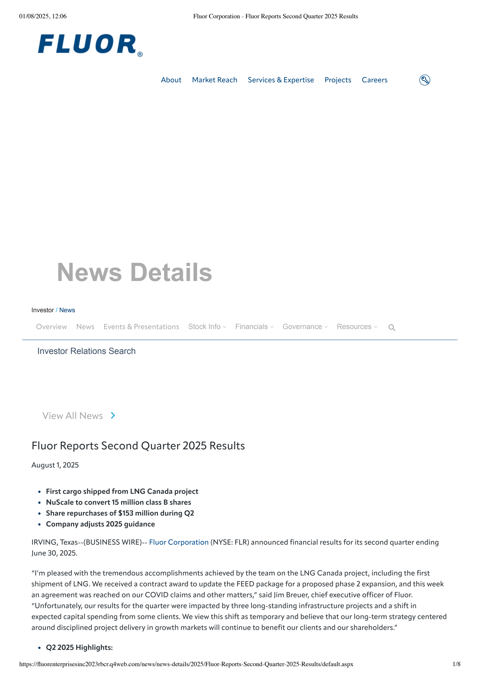 Fluor's Q2 2025 Press Release