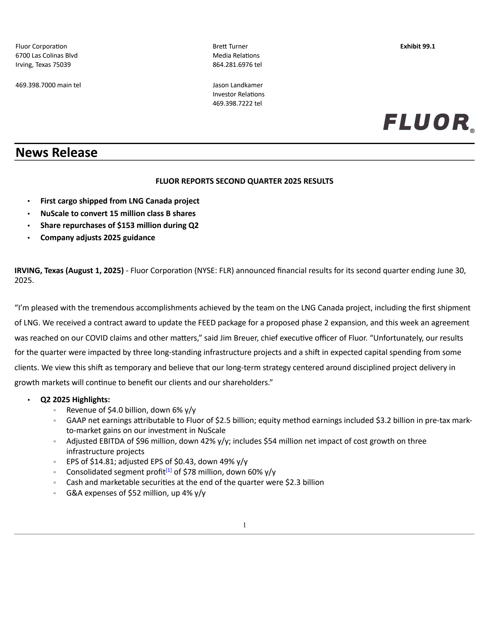 Fluor's Q2 2025 Earnings Release