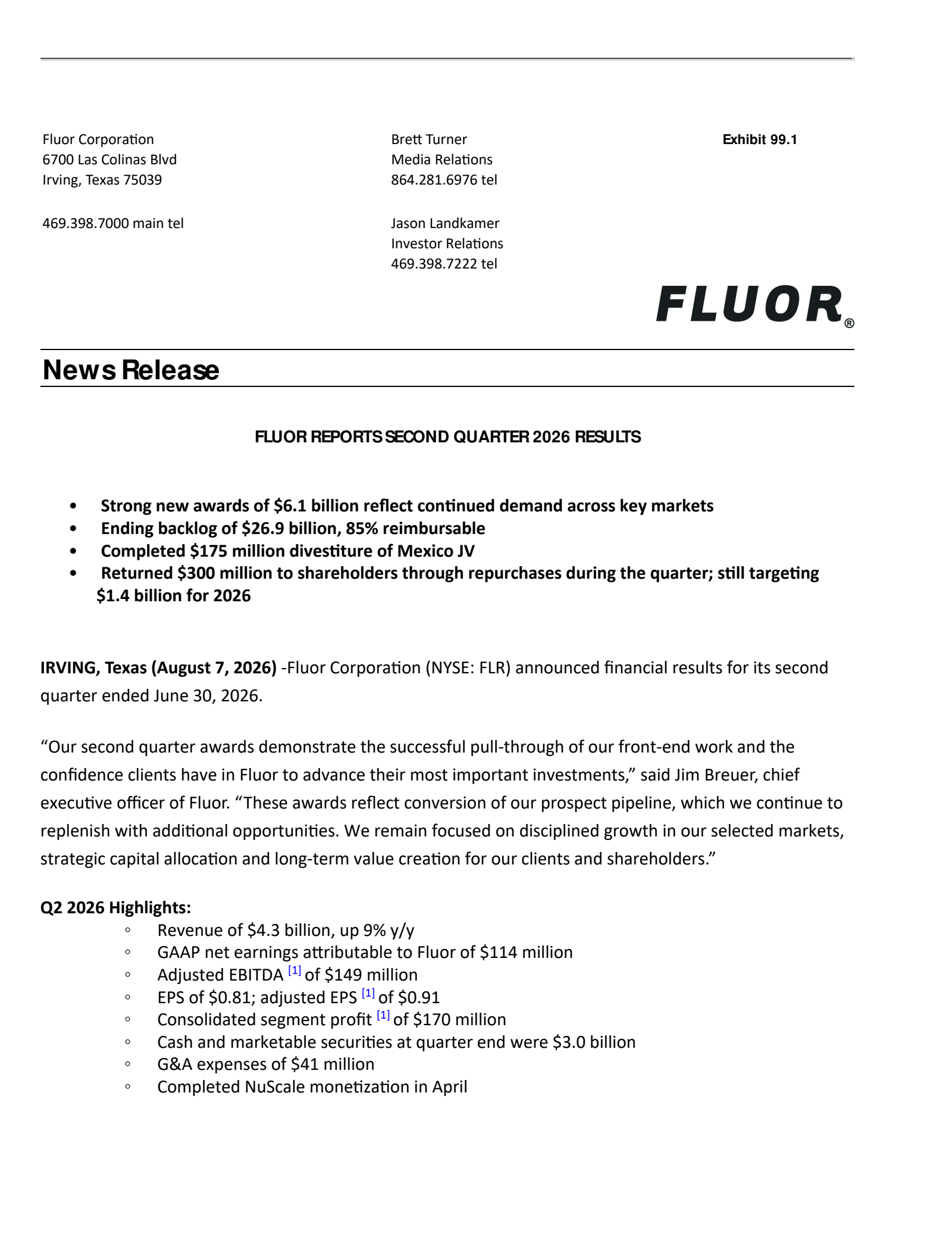 Fluor's Q2 2026 Press Release