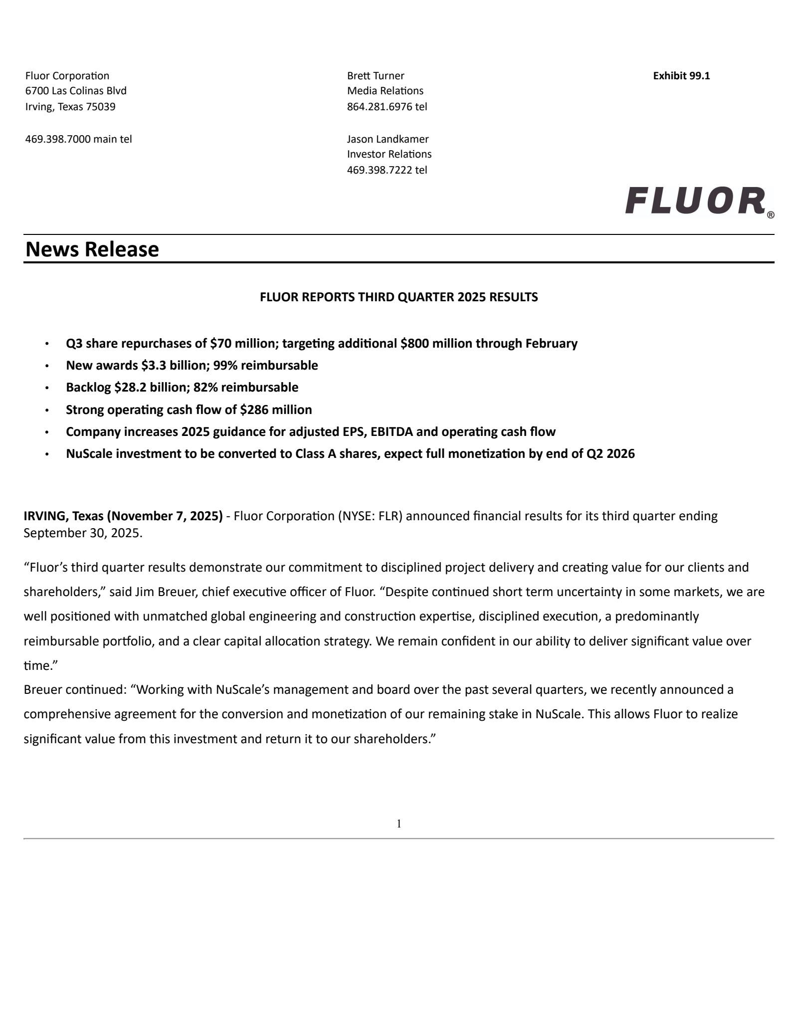Fluor's Q3 2025 Earnings Release