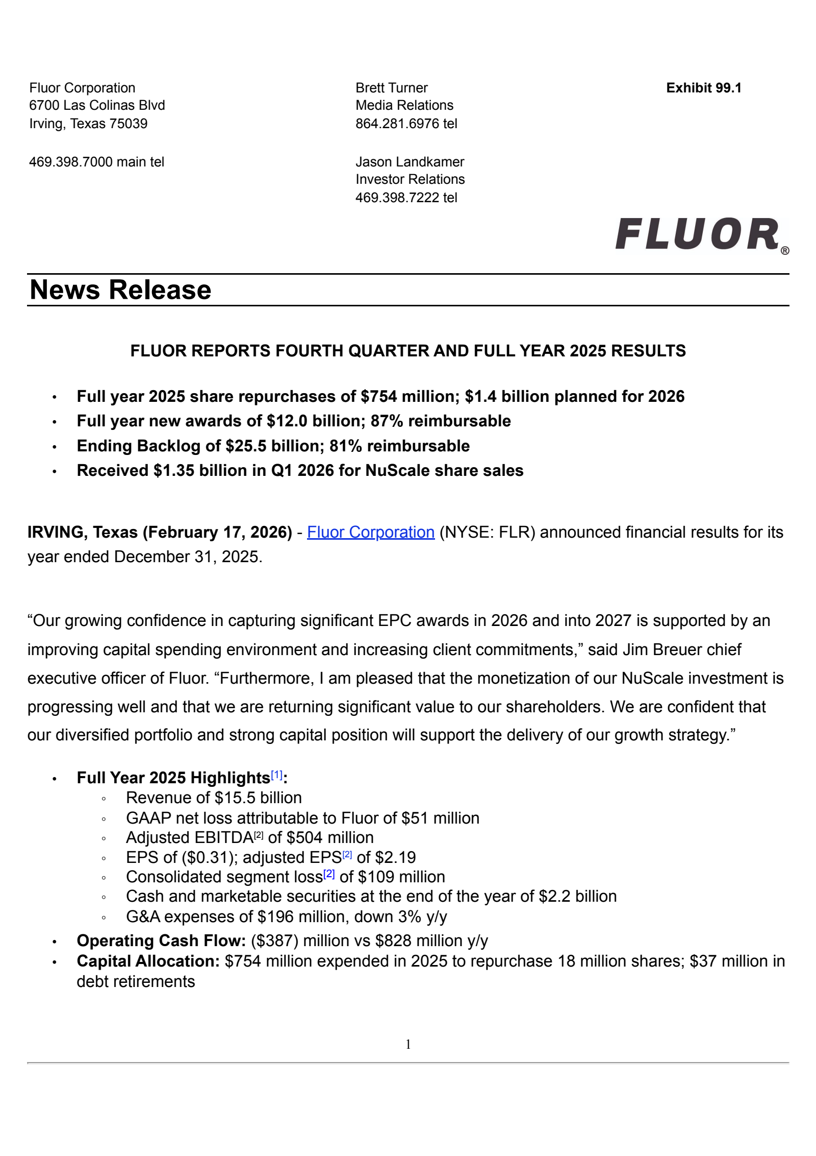 Fluor's Q4 2025 Press Release