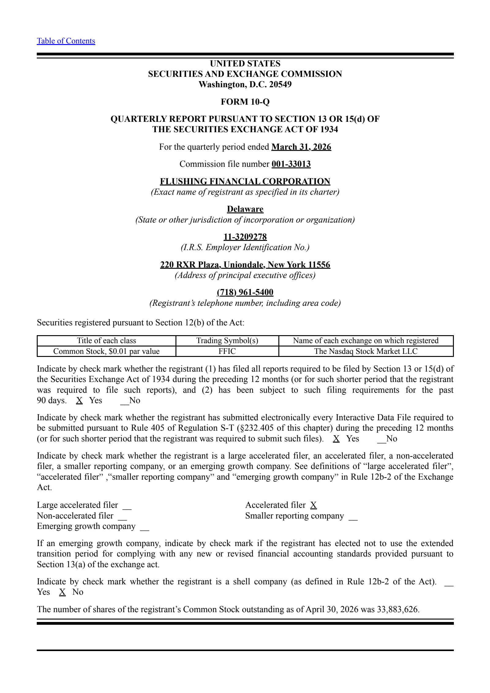 Flushing Financial's Q1 2026 Quarterly report