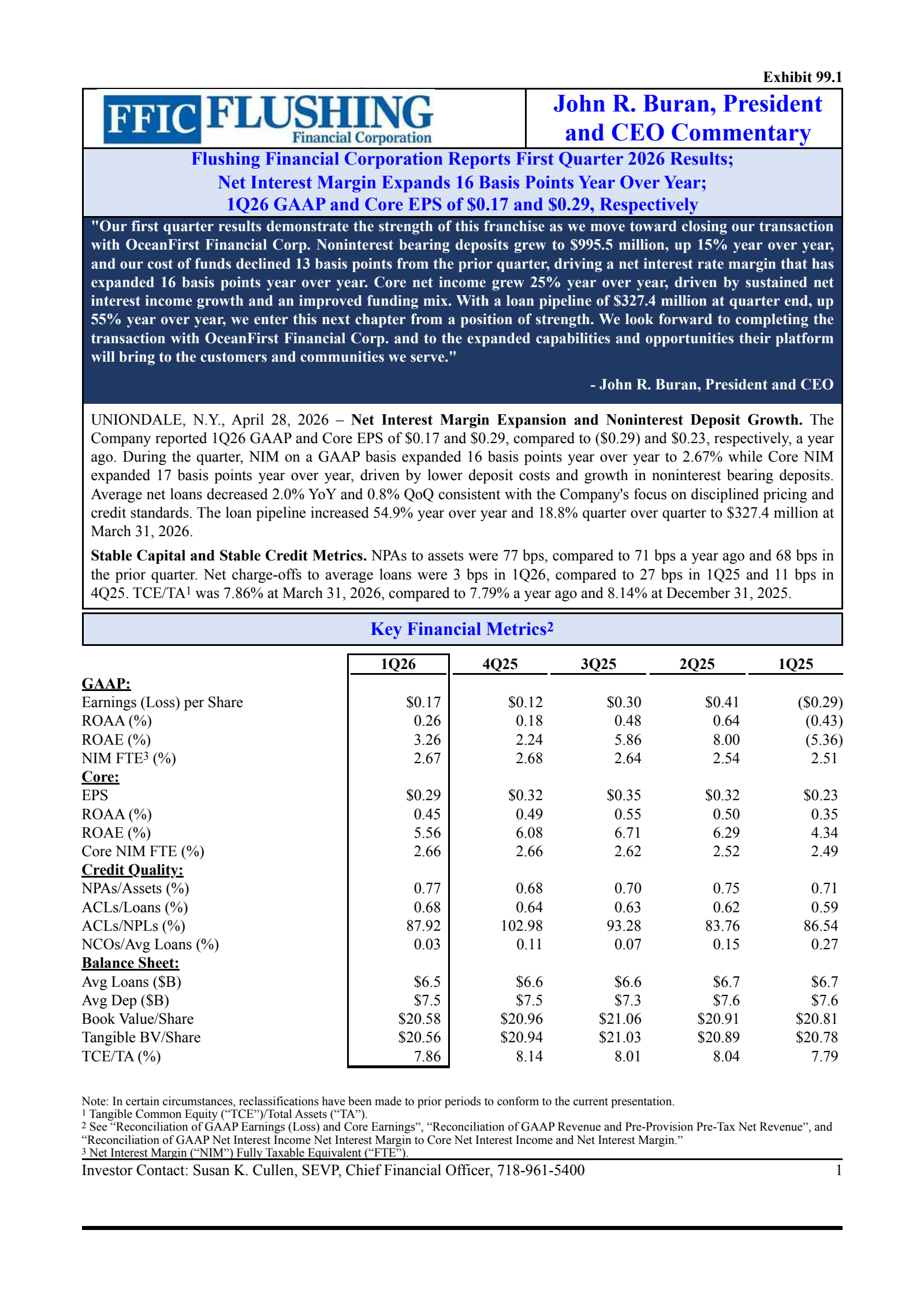 Flushing Financial's Q1 2026 Press Release