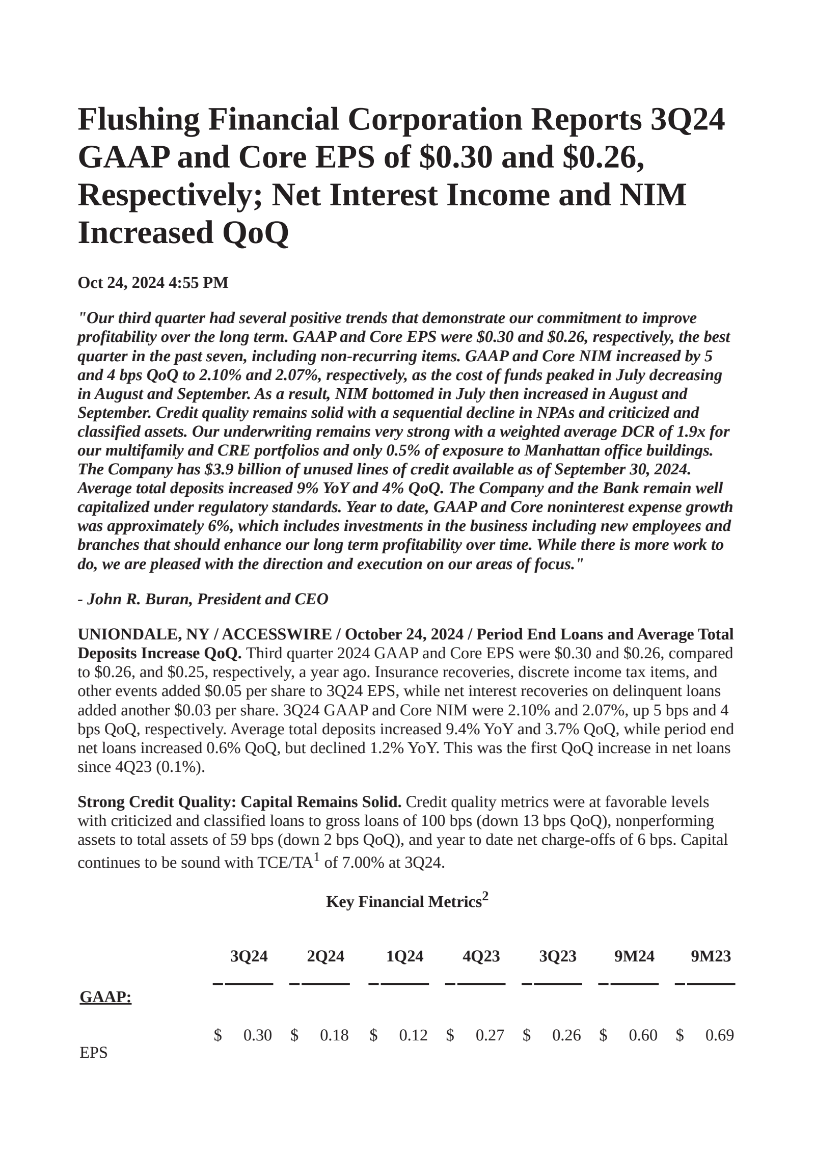 Flushing Financial's Q3 2024 Press Release