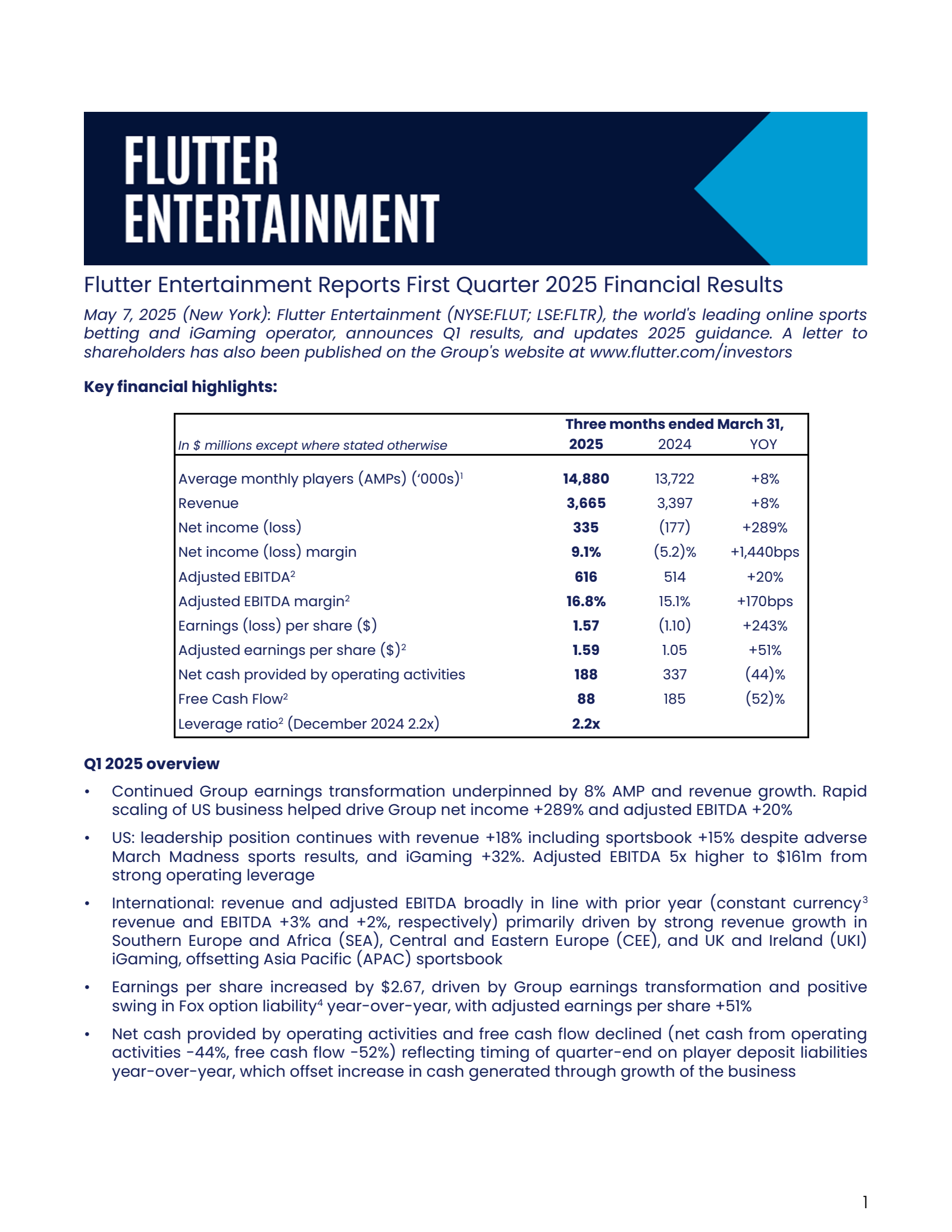 Flutter Entertainment's Q1 2025 TU Earnings Release