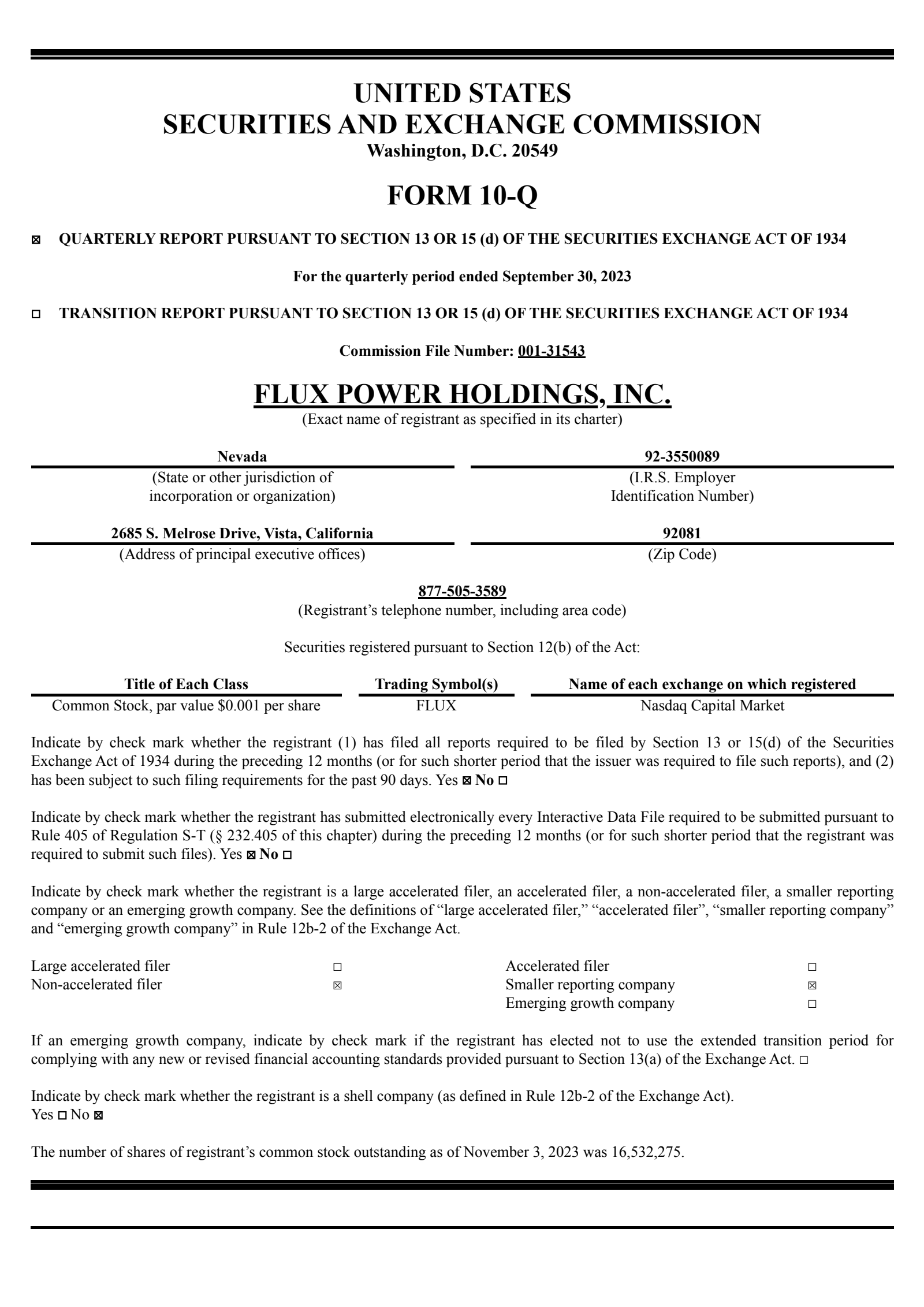 Flux Power's Q1 2024 Quarterly report