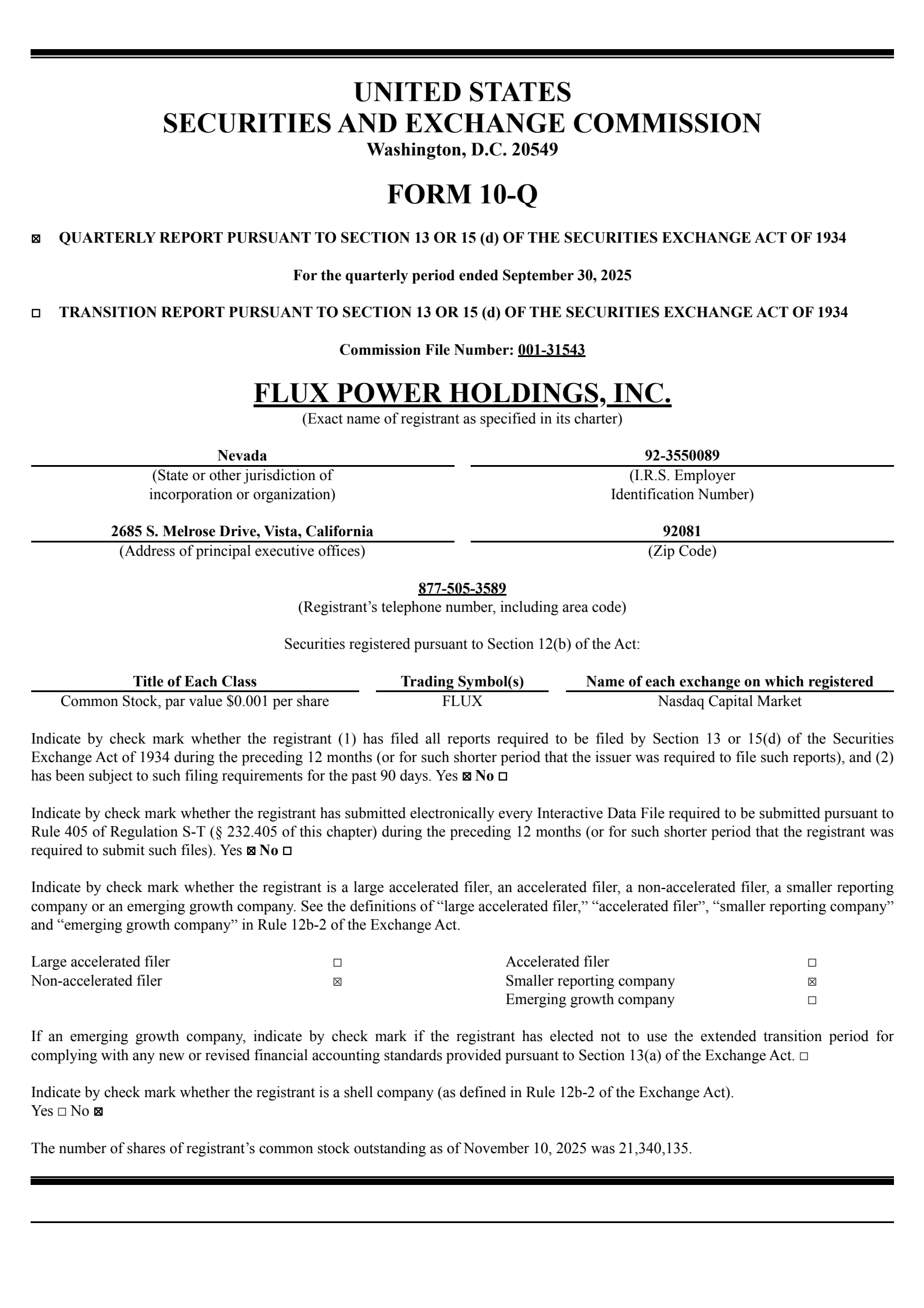 Flux Power's Q1 2026 Quarterly Report