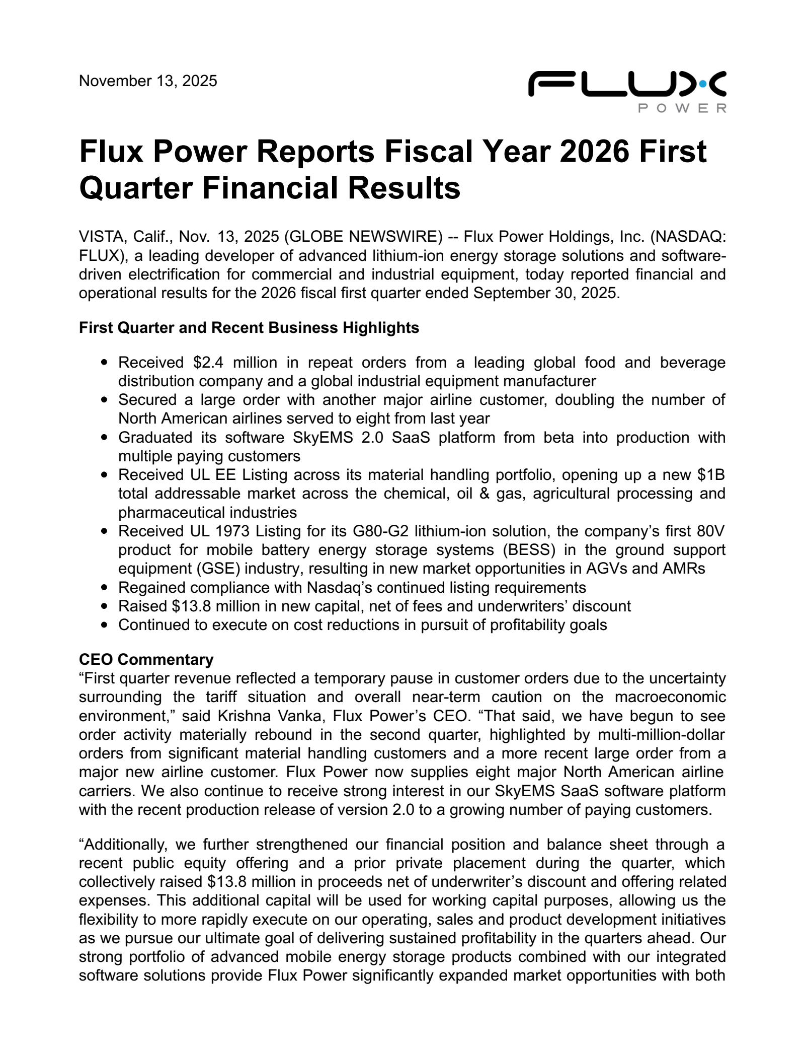 Flux Power's Q1 2026 Earnings Release