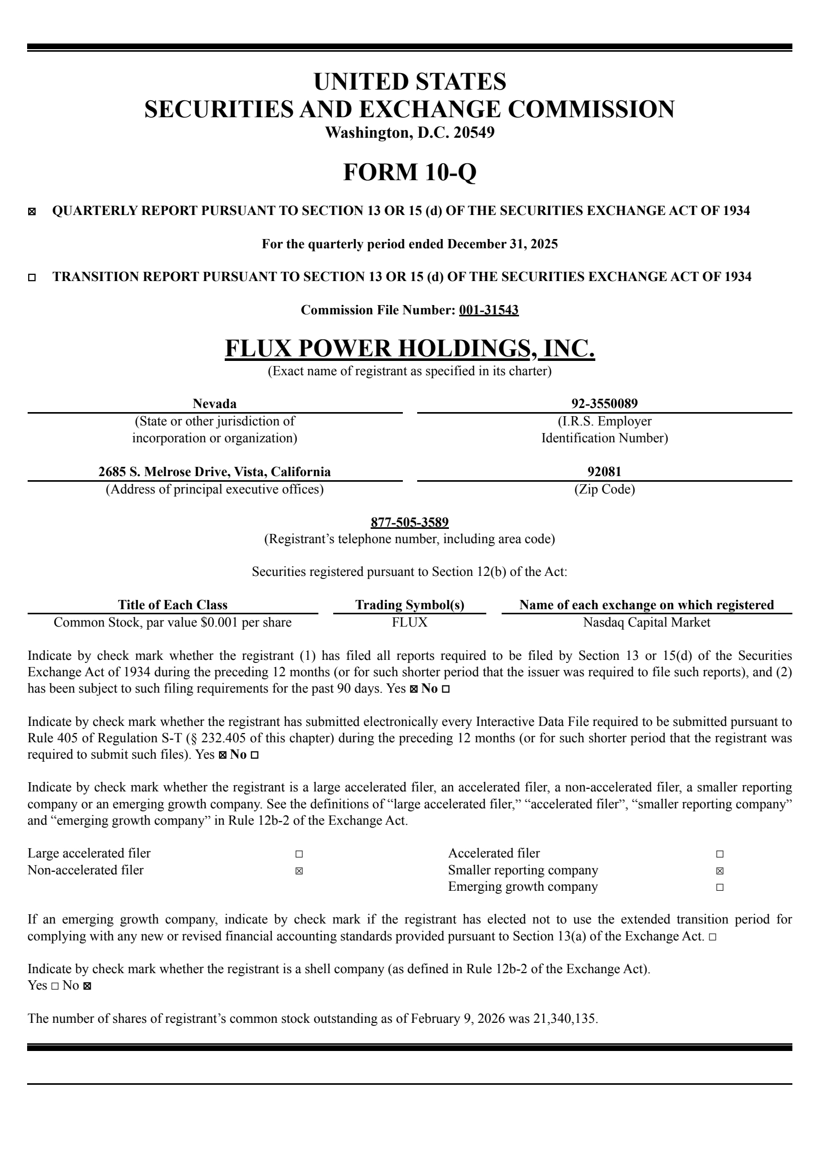 Flux Power's Q2 2026 Quarterly report