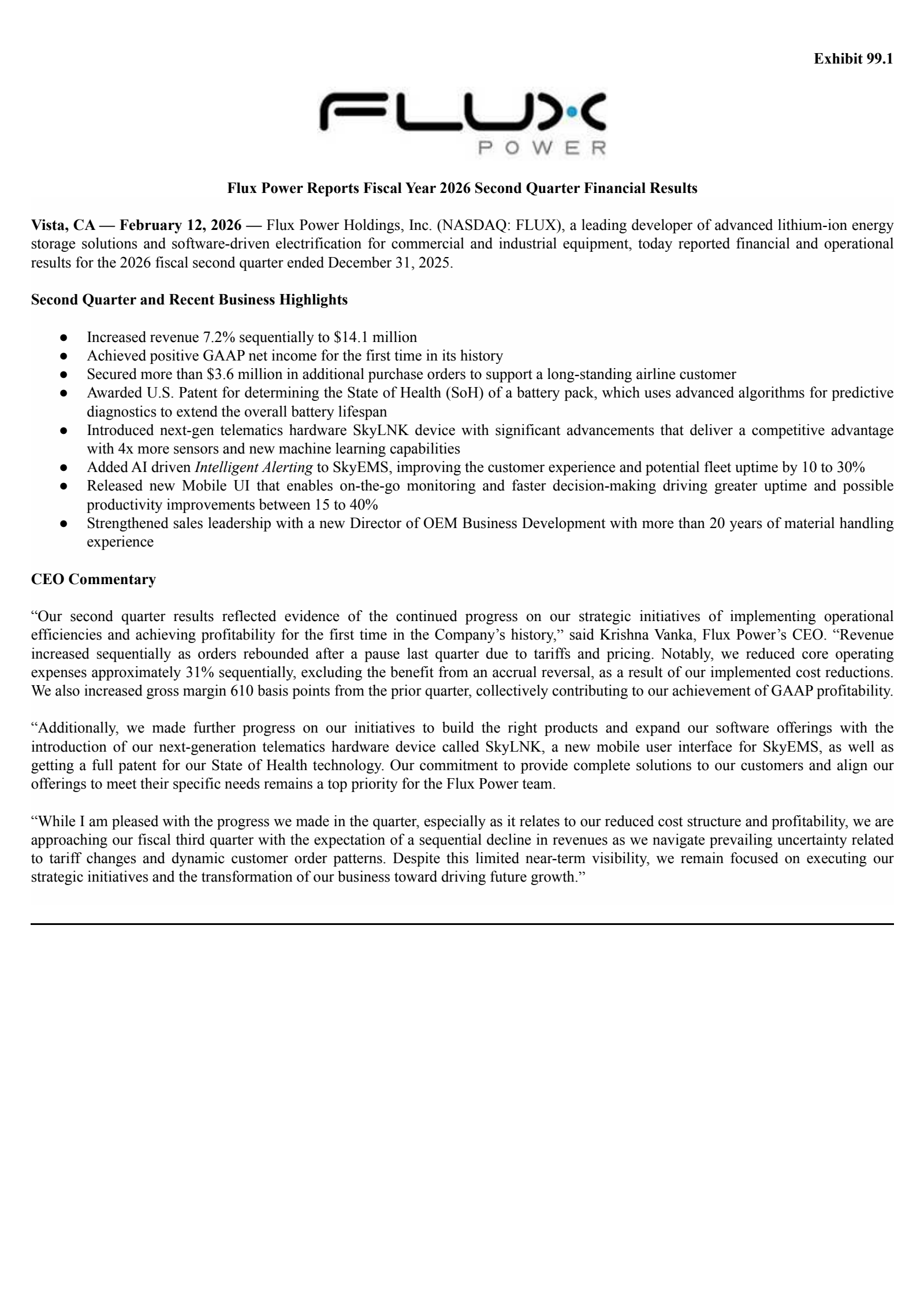 Flux Power's Q2 2026 Press Release
