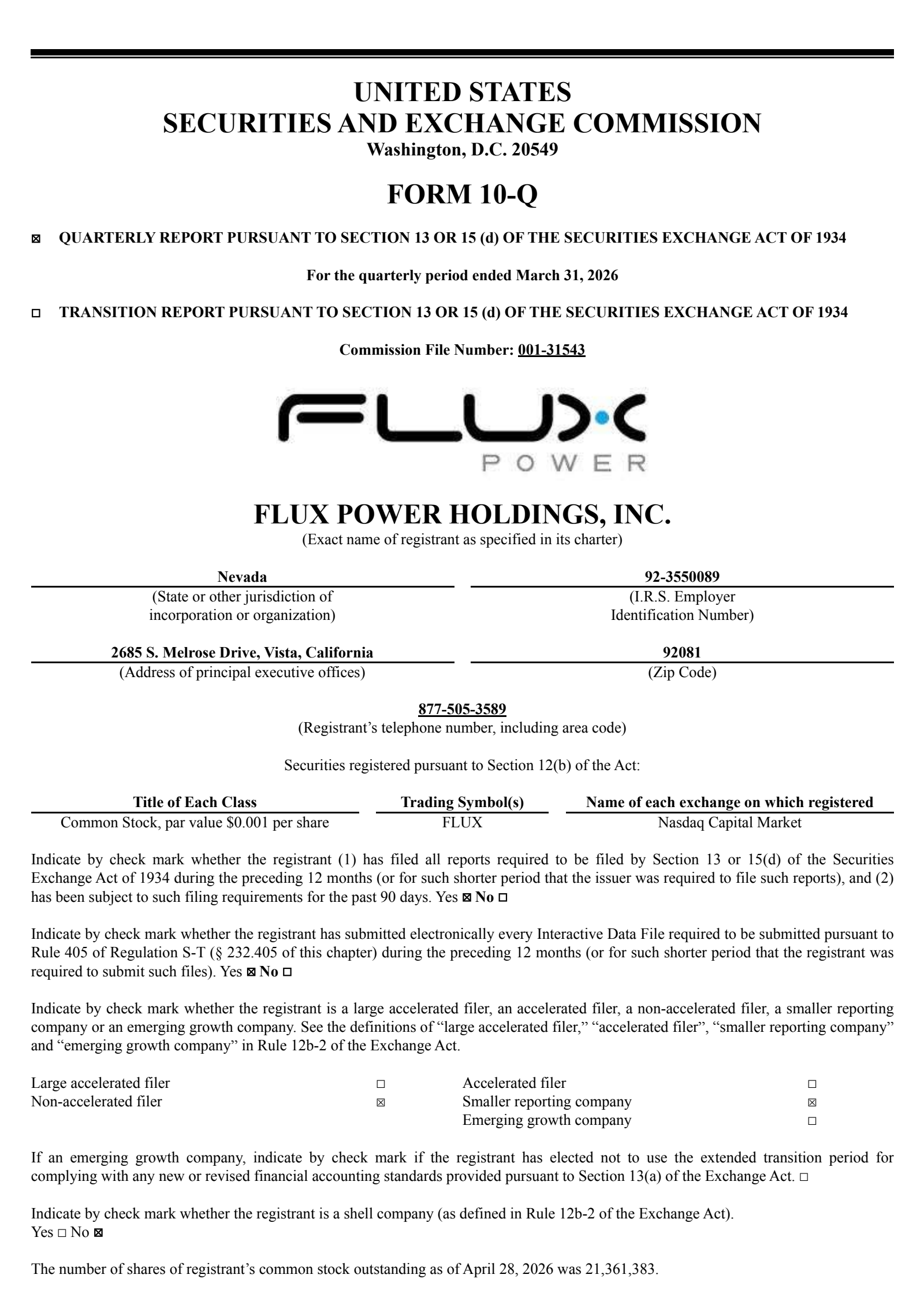 Flux Power's Q3 2026 Quarterly report