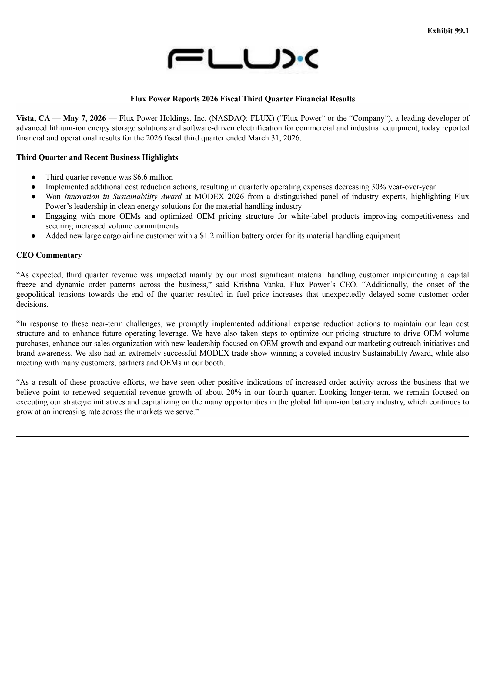 Flux Power's Q3 2026 Press Release