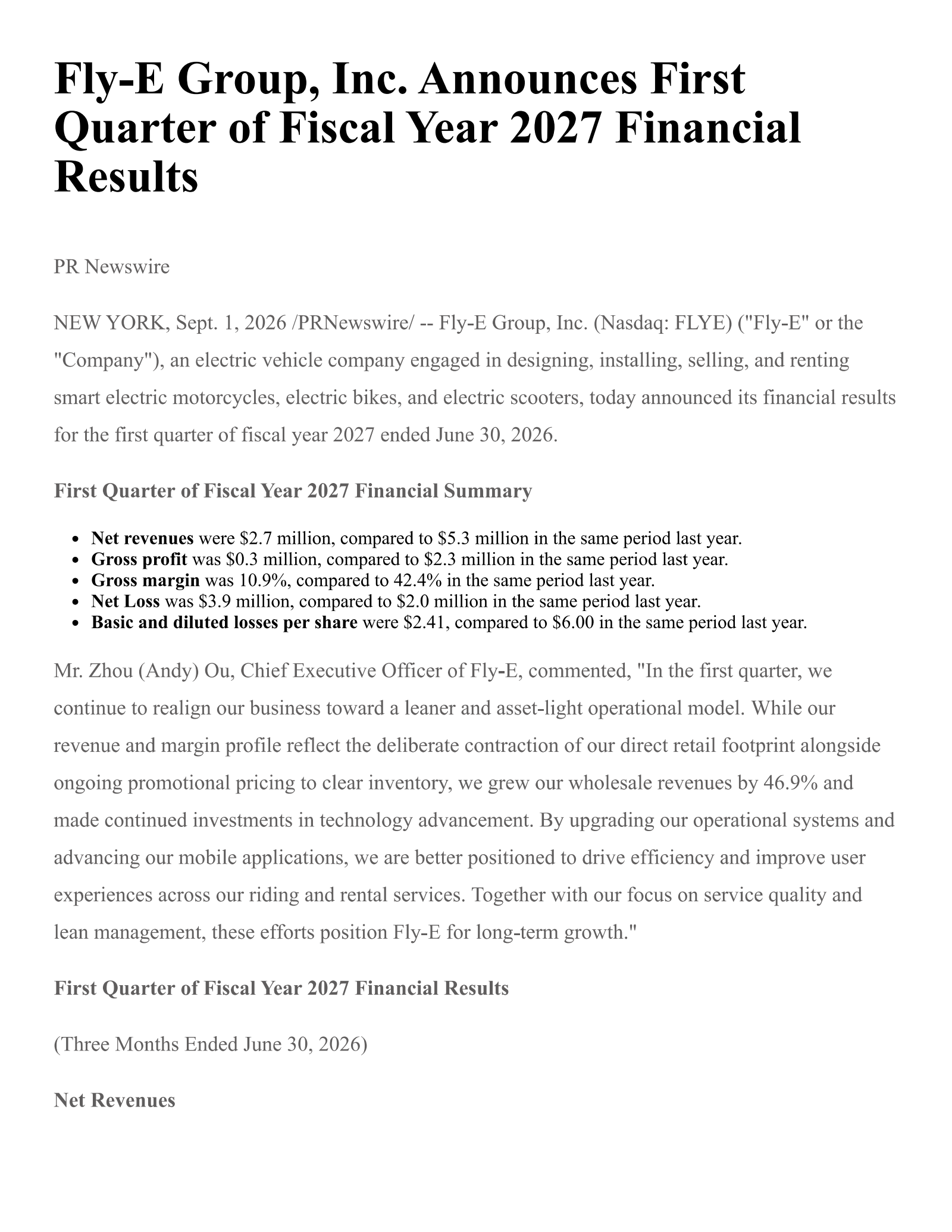 Fly-E Group's Q1 2027 Press Release