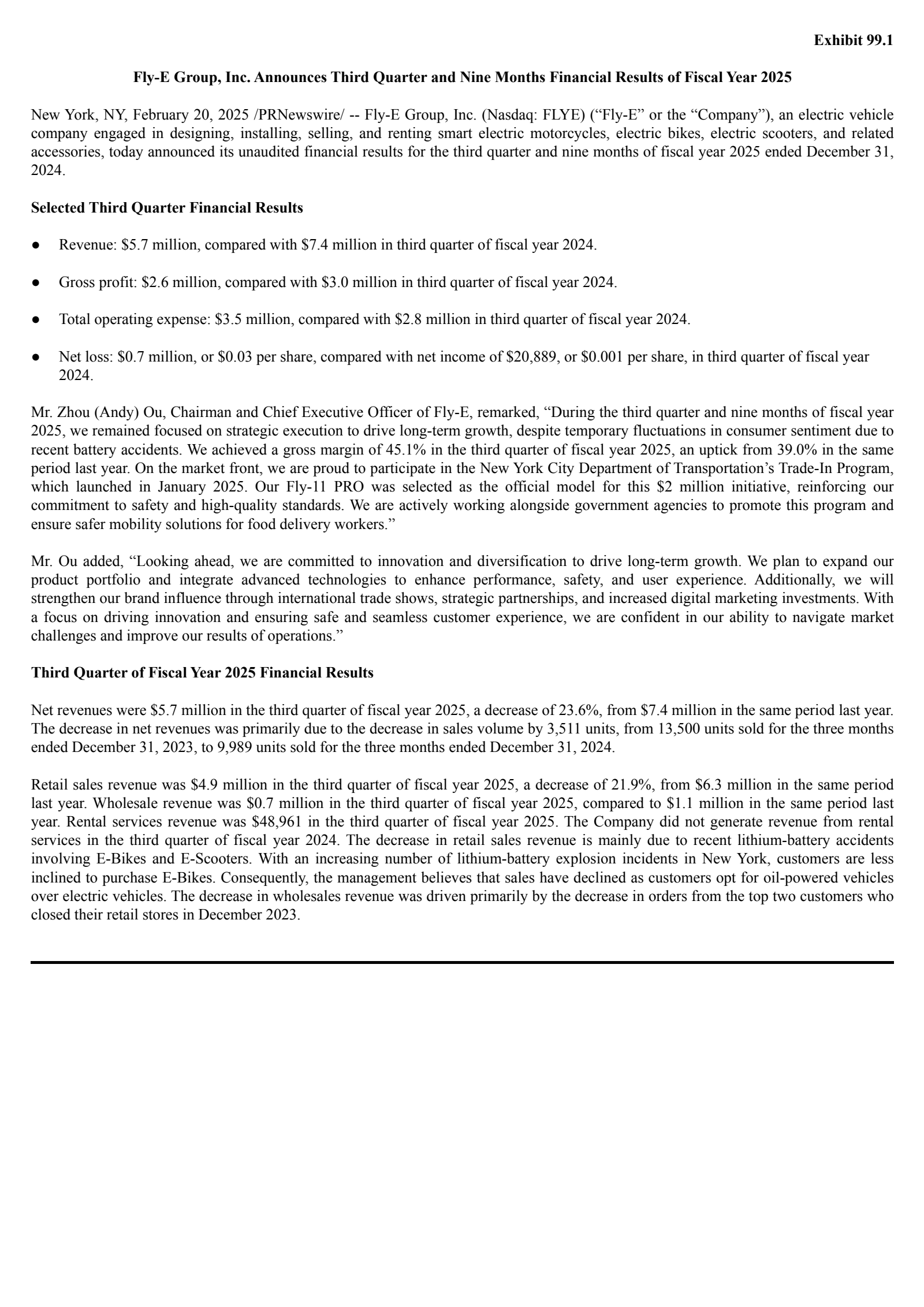 Fly-E Group's Q3 2025 Press Release