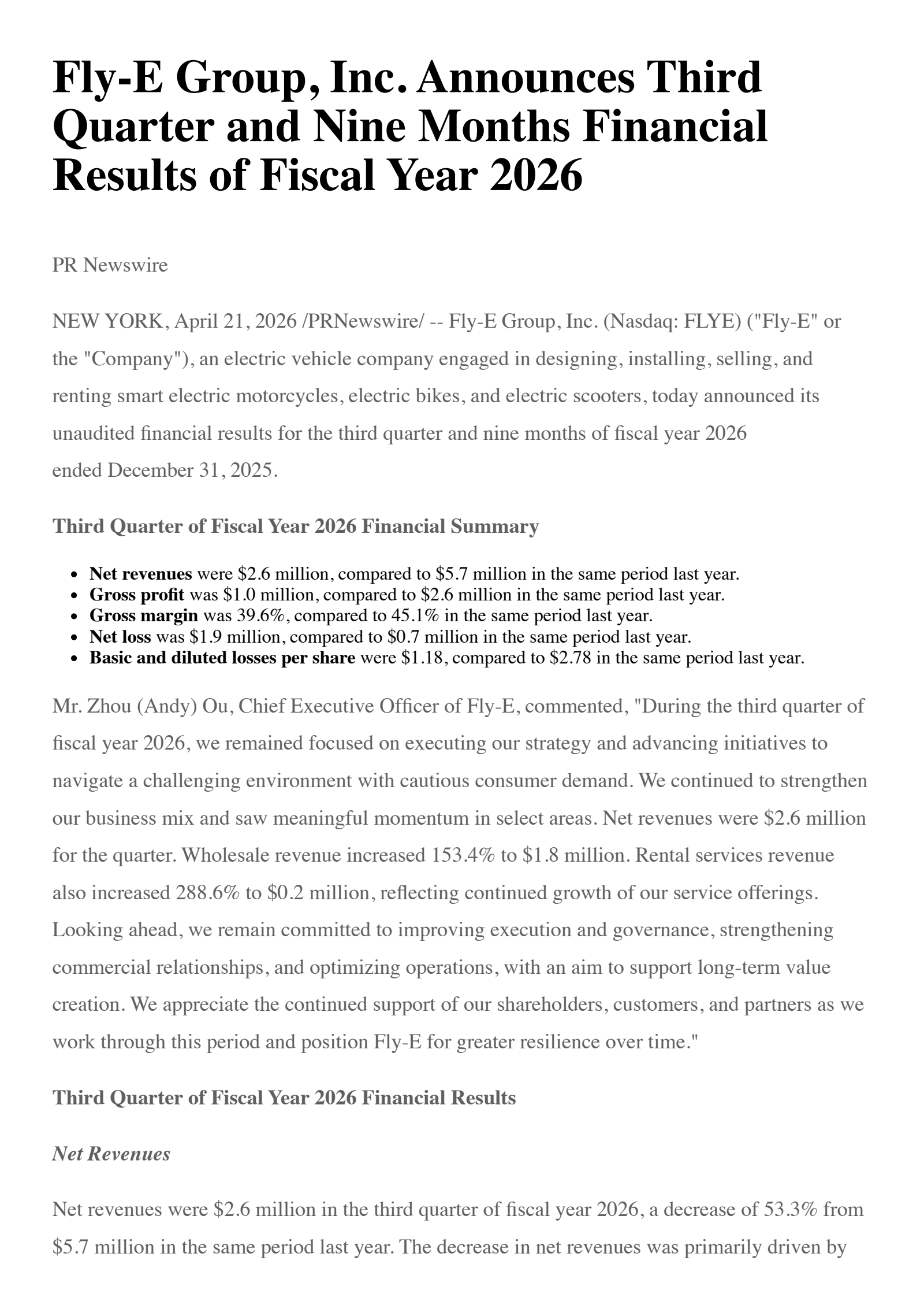 Fly-E Group's Q3 2026 Press Release