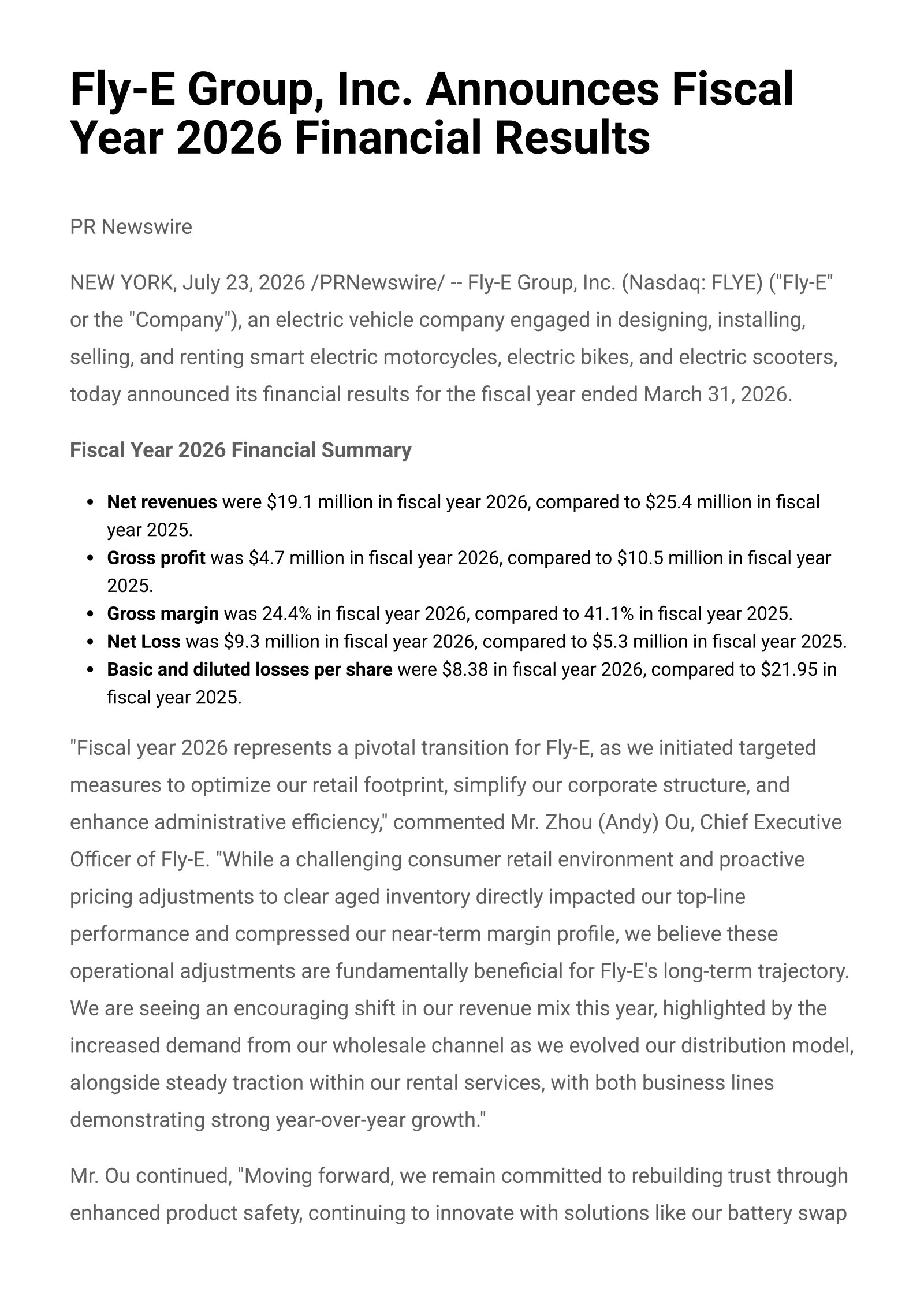 Fly-E Group's Q4 2026 Press Release