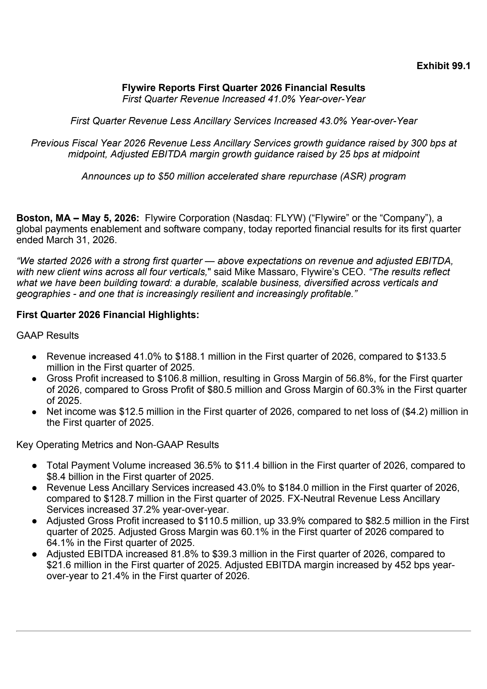 Flywire's Q1 2026 Press Release
