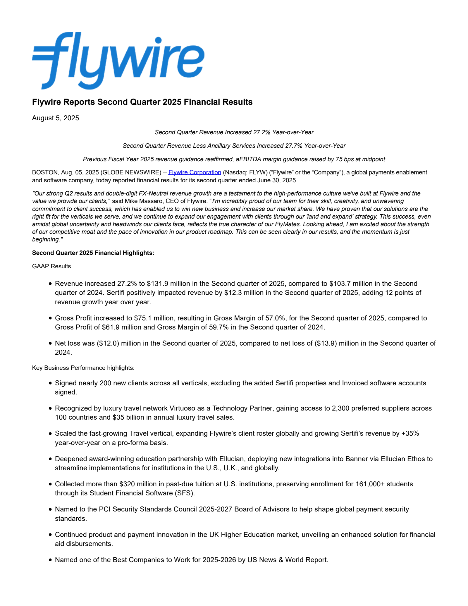 Flywire's Q2 2025 Press Release