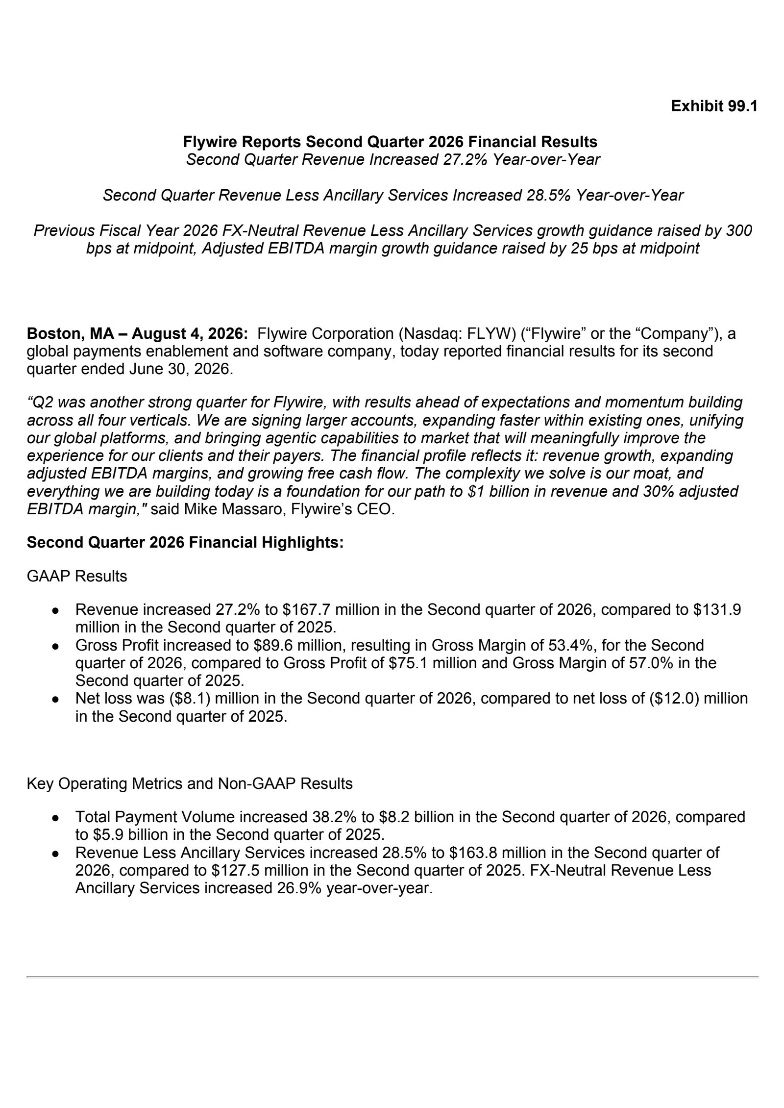 Flywire's Q2 2026 Press Release