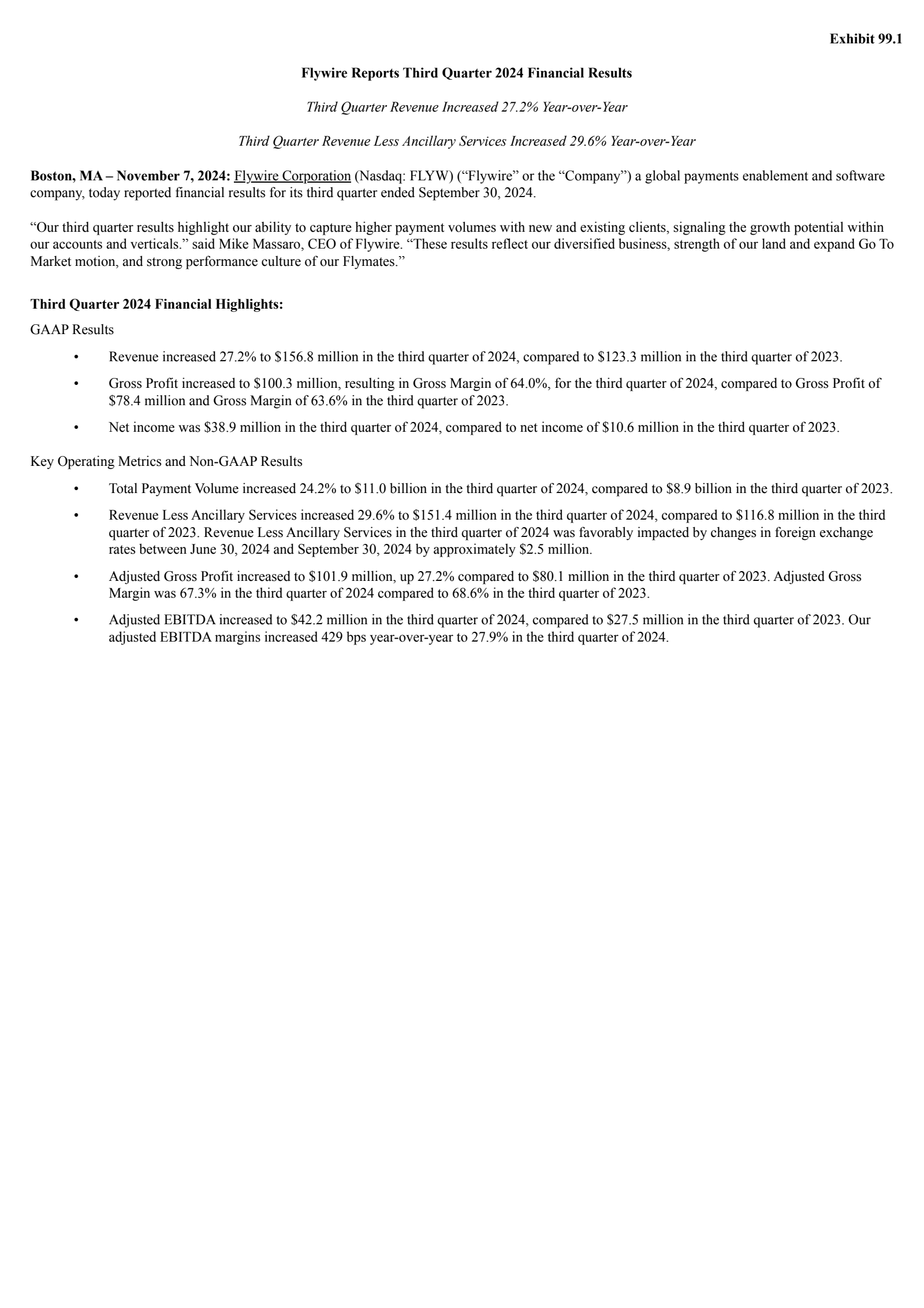 Flywire's Q3 2024 Press Release