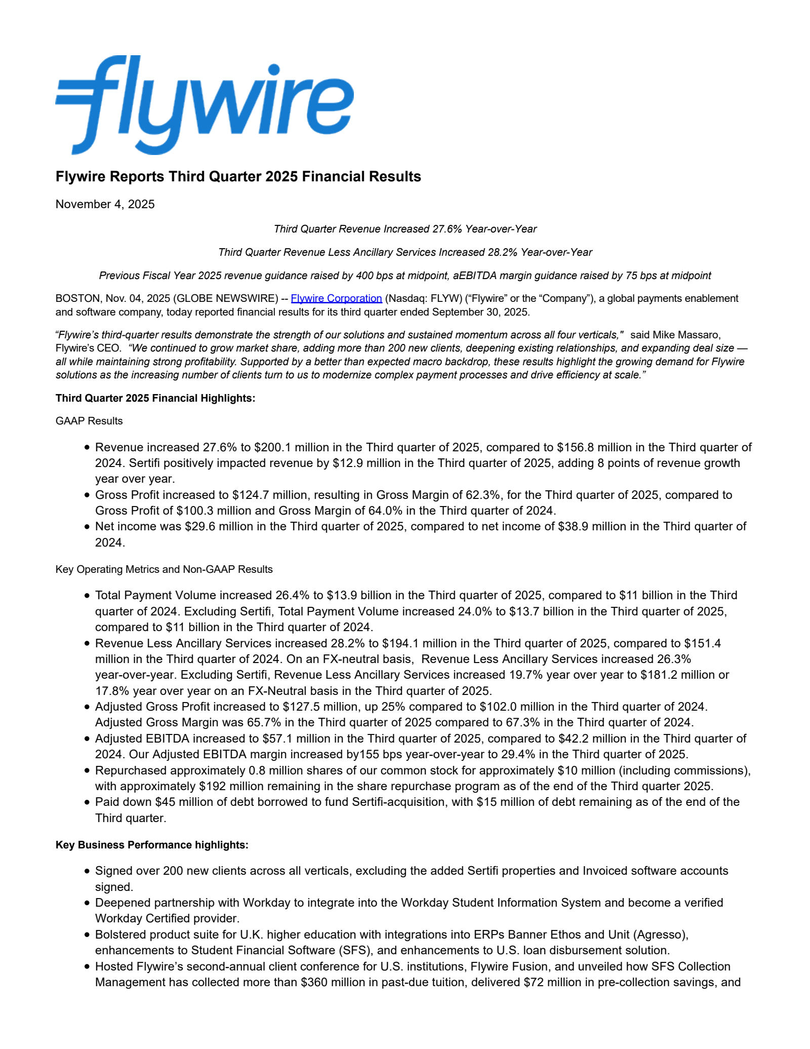 Flywire's Q3 2025 Earnings Release