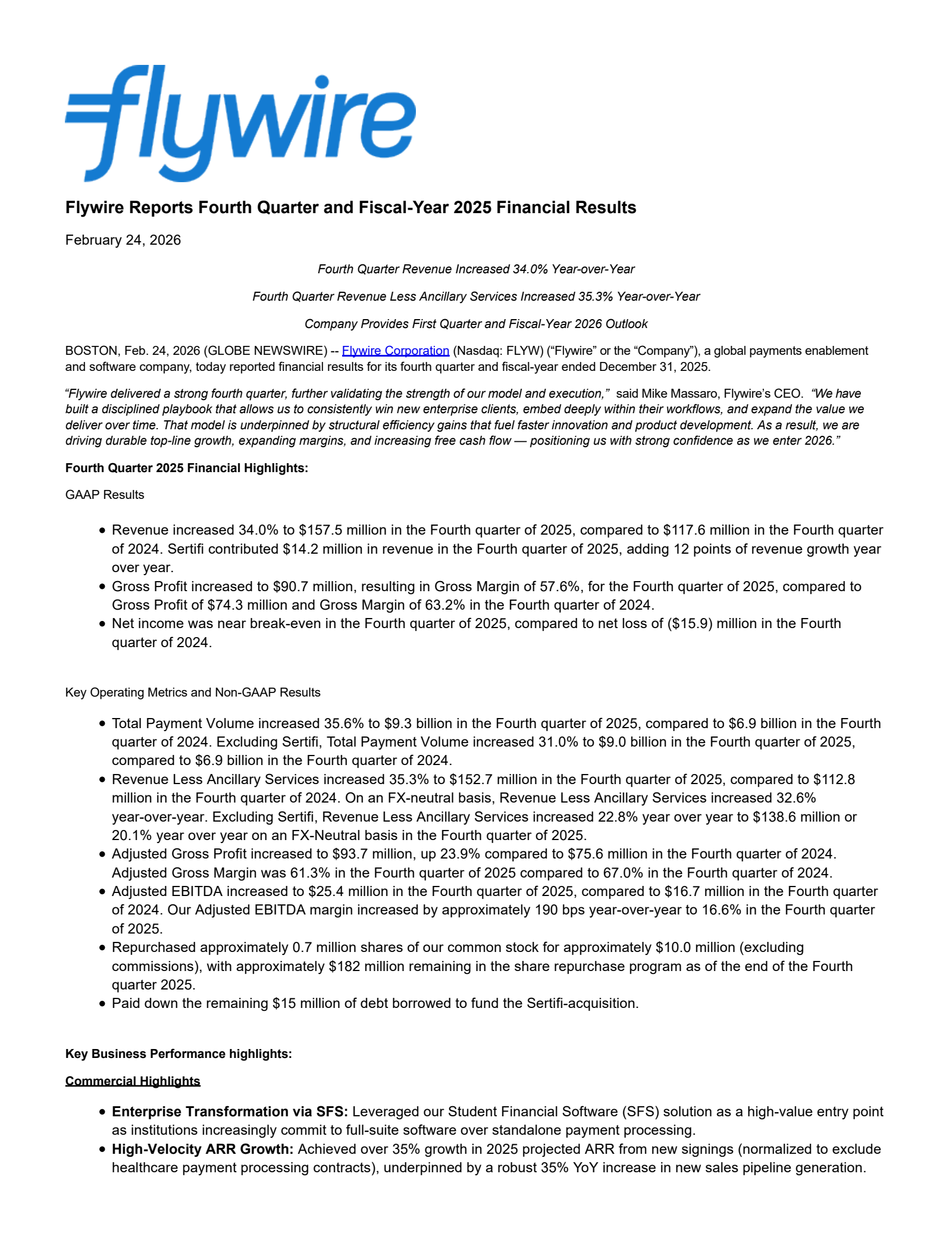 Flywire's Q4 2025 Press Release