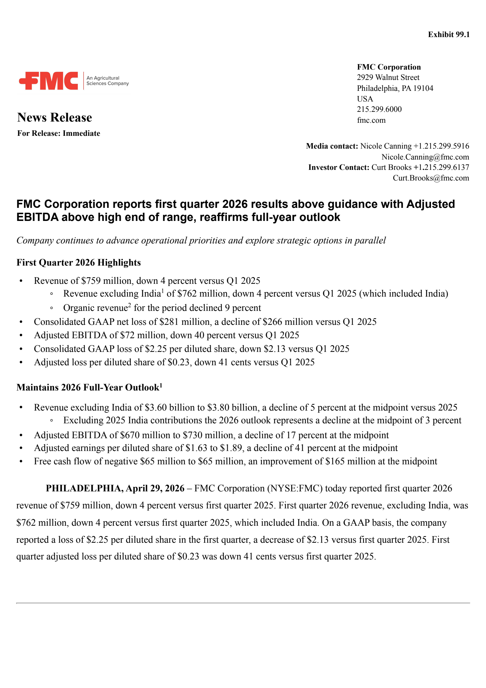 FMC's Q1 2026 Press Release