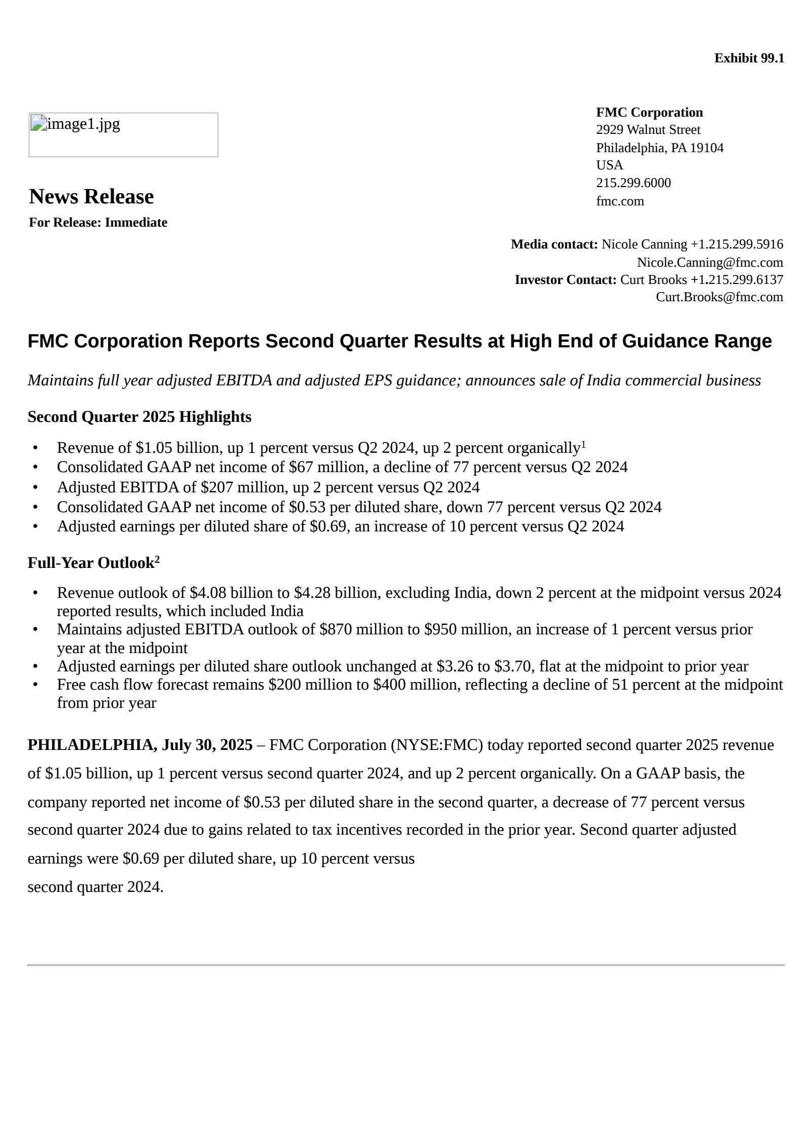 FMC's Q2 2025 Press Release