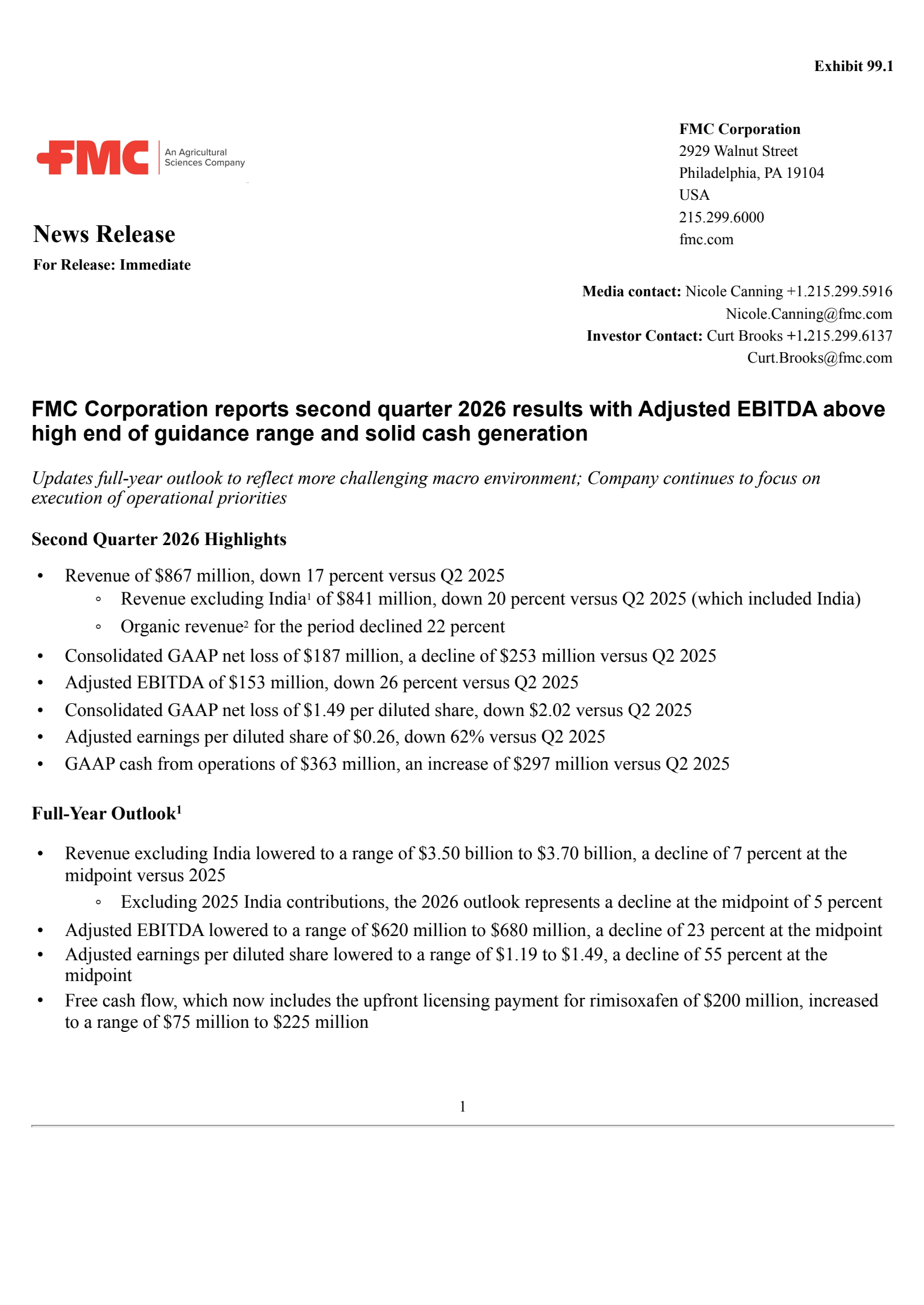 FMC's Q2 2026 Press Release