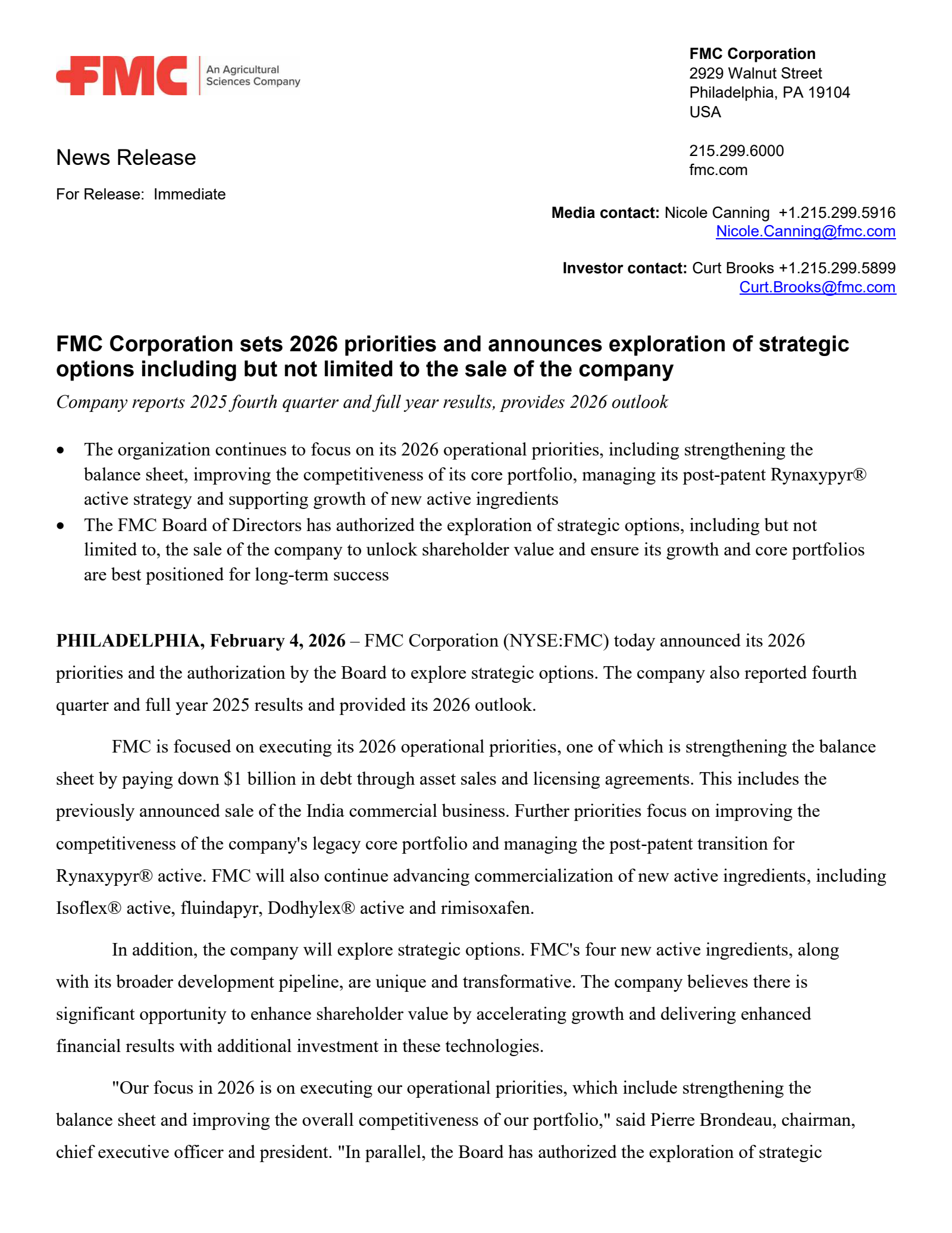 FMC's Q4 2025 Press Release
