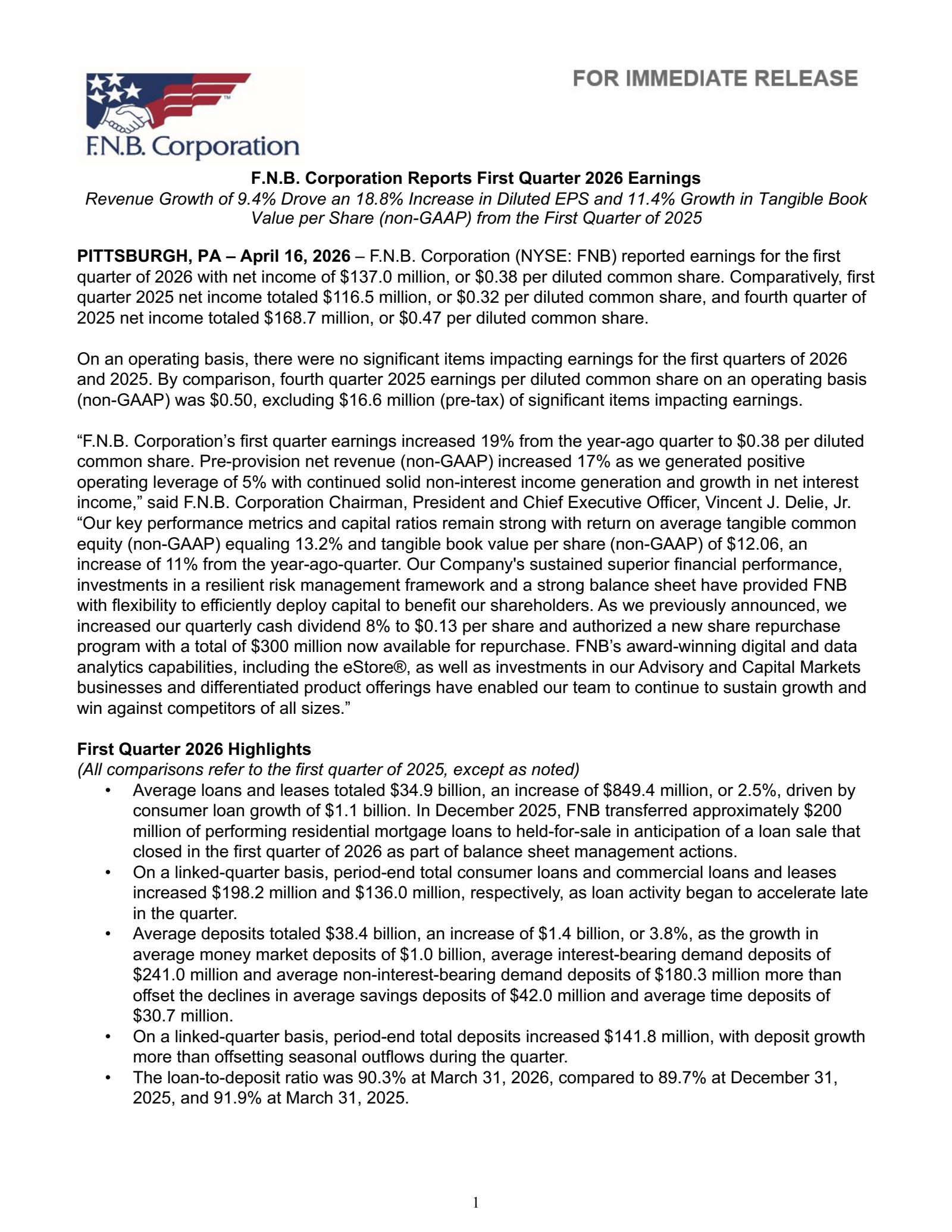 F.N.B.'s Q1 2026 Press Release