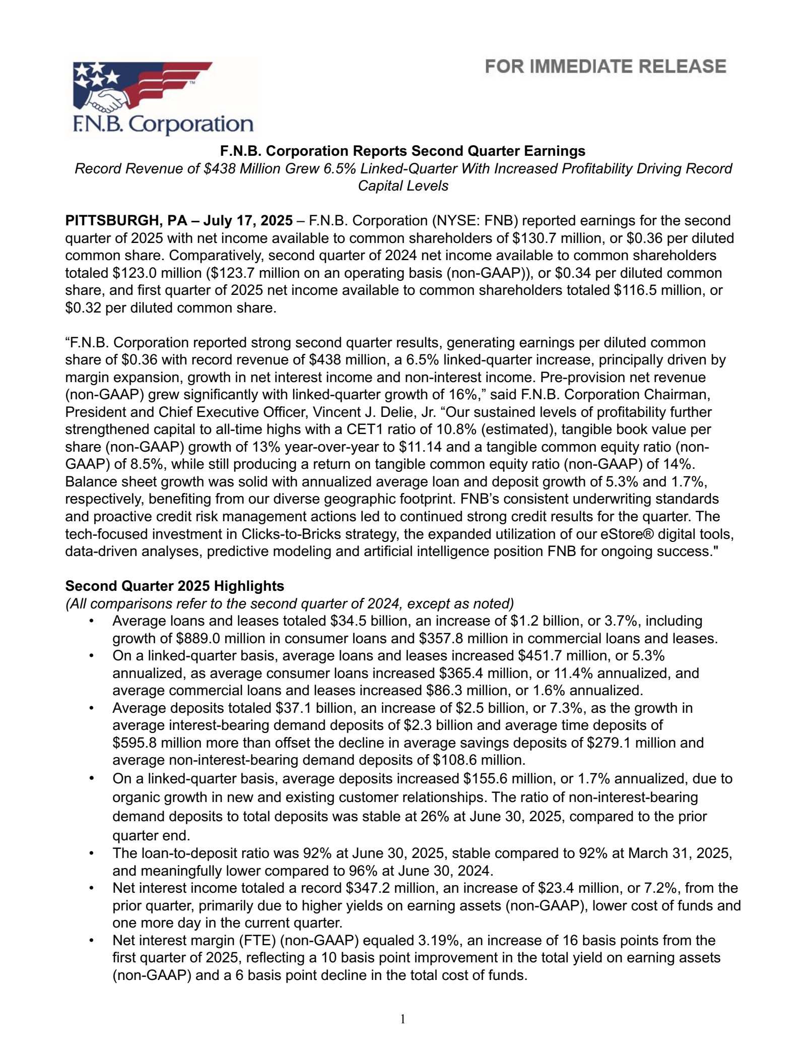 F.N.B.'s Q2 2025 Press Release